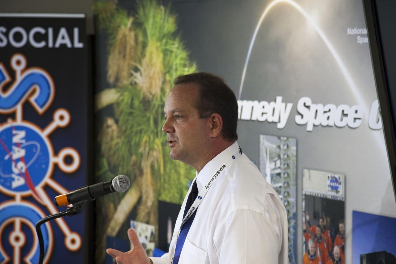 CAPE CANAVERAL, Fla. -- Thomas Engler, deputy manager of the Kennedy Space Center Planning and Development Office, speaks to about 45 of NASA’s social media followers during two days of presentations on the Kennedy's past, present and future.      The social media participants gathered at the Florida spaceport on Aug. 2 and 3, 2012 to hear from key former and current leaders who related stories of the space agency's efforts to explore the unknown. It was the first social media event totally run by Kennedy. Photo credit: NASA/ Gianni Woods