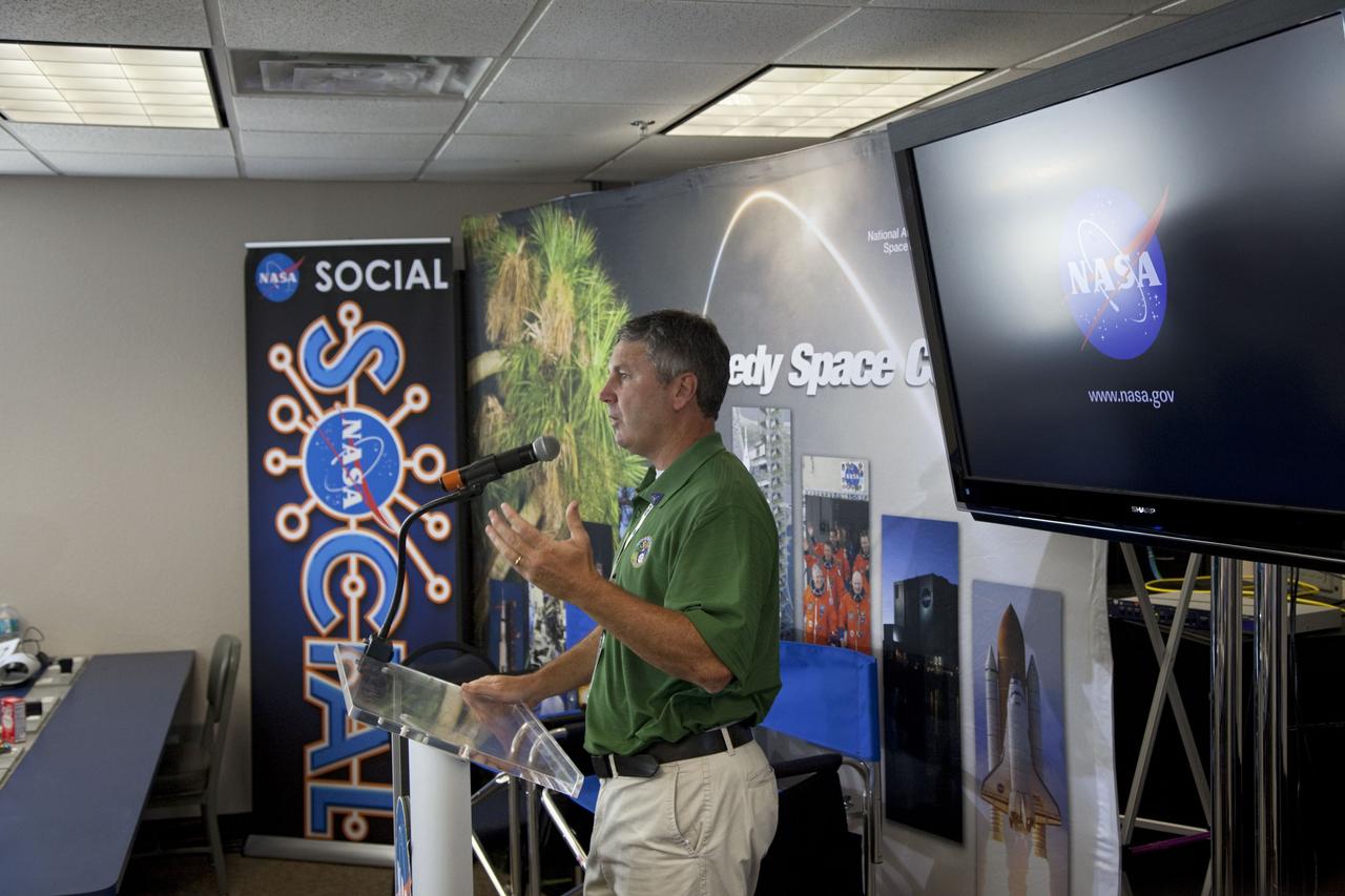 CAPE CANAVERAL, Fla. -- Scott Colloredo, chief architect for the Kennedy Space Center's Ground System Development and Operations Program, speaks to about 45 of NASA’s social media followers during two days of presentations on the Kennedy's past, present and future.      The social media participants gathered at the Florida spaceport on Aug. 2 and 3, 2012 to hear from key former and current leaders who related stories of the space agency's efforts to explore the unknown. It was the first social media event totally run by Kennedy. Photo credit: NASA/ Gianni Woods