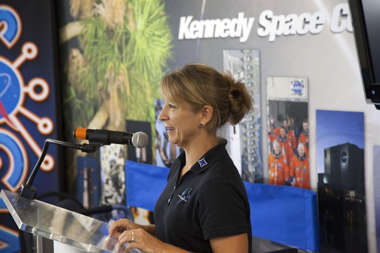 CAPE CANAVERAL, Fla. -- Amanda Mitskevich, program manager for NASA's Launch Services Program, speaks to about 45 of NASA’s social media followers during two days of presentations on the Kennedy's past, present and future.      The social media participants gathered at the Florida spaceport on Aug. 2 and 3, 2012 to hear from key former and current leaders who related stories of the space agency's efforts to explore the unknown. It was the first social media event totally run by Kennedy. Photo credit: NASA/ Gianni Woods