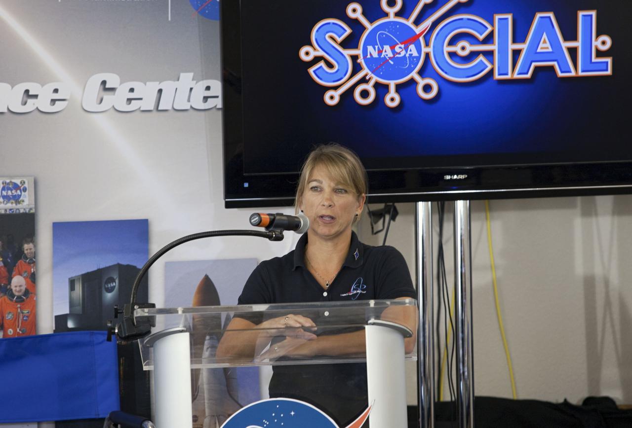 CAPE CANAVERAL, Fla. -- Amanda Mitskevich, program manager for NASA's Launch Services Program, speaks to about 45 of NASA’s social media followers during two days of presentations on the Kennedy's past, present and future.      The social media participants gathered at the Florida spaceport on Aug. 2 and 3, 2012 to hear from key former and current leaders who related stories of the space agency's efforts to explore the unknown. It was the first social media event totally run by Kennedy. Photo credit: NASA/ Gianni Woods