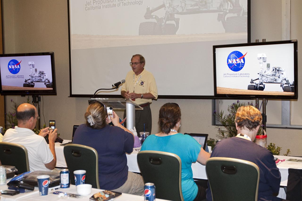 CAPE CANAVERAL, Fla. -- NASA Public Affairs Officer George Diller speaks to about 45 of NASA’s social media followers during two days of presentations on the Kennedy's past, present and future.      The social media participants gathered at the Florida spaceport on Aug. 2 and 3, 2012 to hear from key former and current leaders who related stories of the space agency's efforts to explore the unknown. It was the first social media event totally run by Kennedy. Photo credit: NASA/ Kim Shiflett