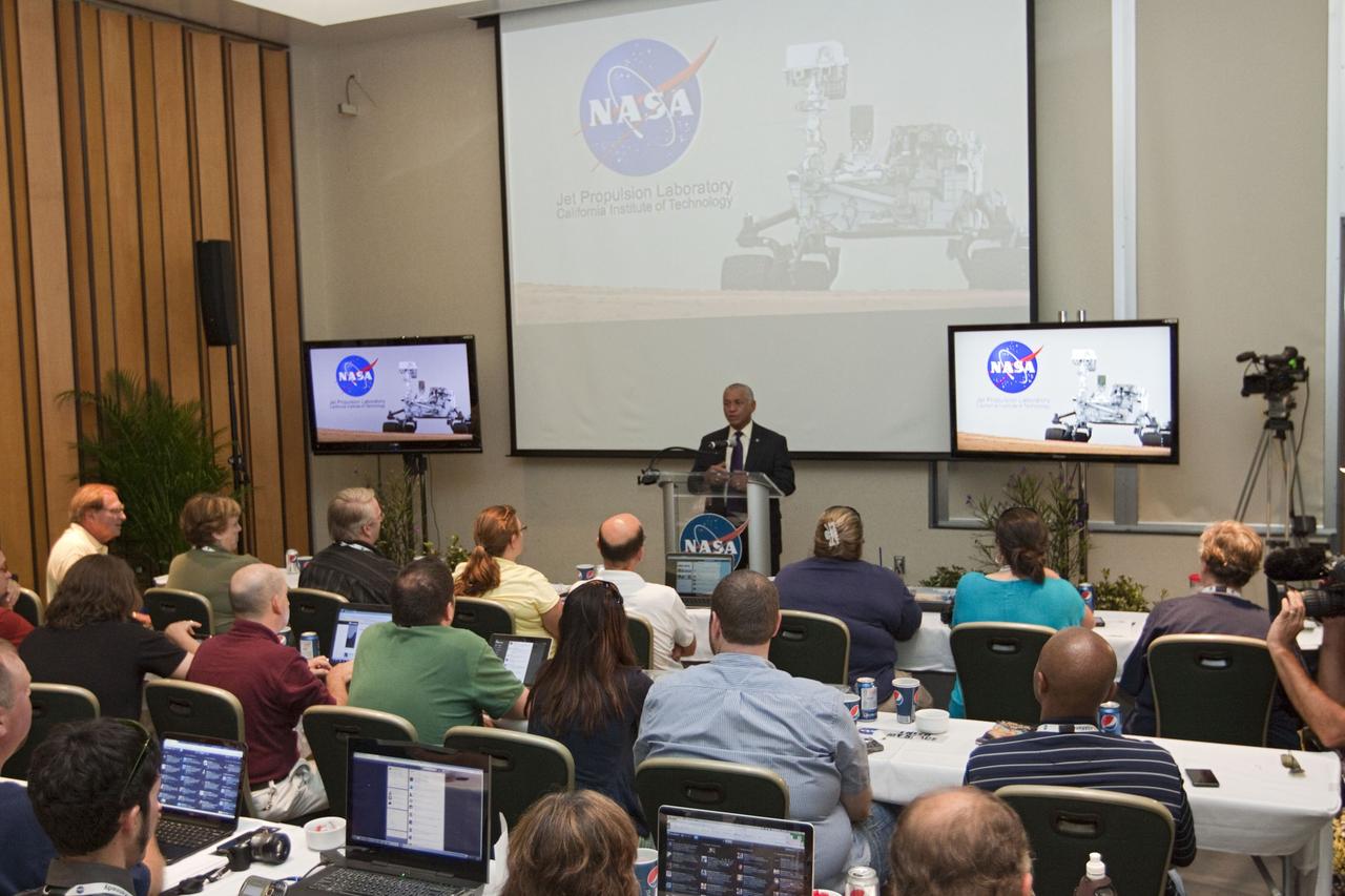 CAPE CANAVERAL, Fla. -- NASA Administrator Charles Bolden speaks to about 45 of NASA’s social media followers during two days of presentations on the Kennedy's past, present and future.      The social media participants gathered at the Florida spaceport on Aug. 2 and 3, 2012 to hear from key former and current leaders who related stories of the space agency's efforts to explore the unknown. It was the first social media event totally run by Kennedy. Photo credit: NASA/ Kim Shiflett