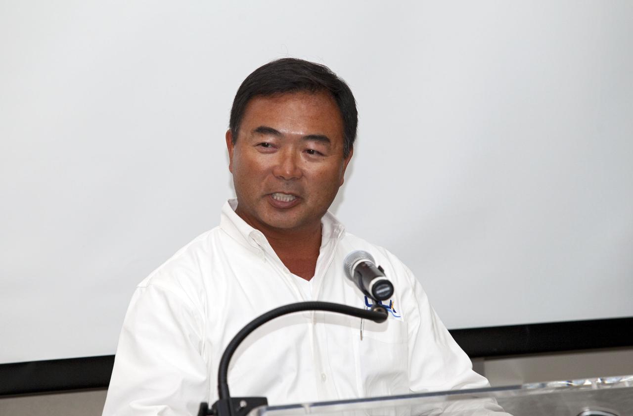 CAPE CANAVERAL, Fla. -- Si Song, East Coast Spacecraft Integration Lead for United Launch Alliance, speaks to about 45 of NASA’s social media followers for two days of presentations on the Kennedy Space Center's past, present and future.      The social media participants gathered at the Florida spaceport on Aug. 2 and 3, 2012 to hear from key former and current leaders who related stories of the space agency's efforts to explore the unknown. It was the first social media event totally run by Kennedy. Photo credit: NASA/ Gianni Woods