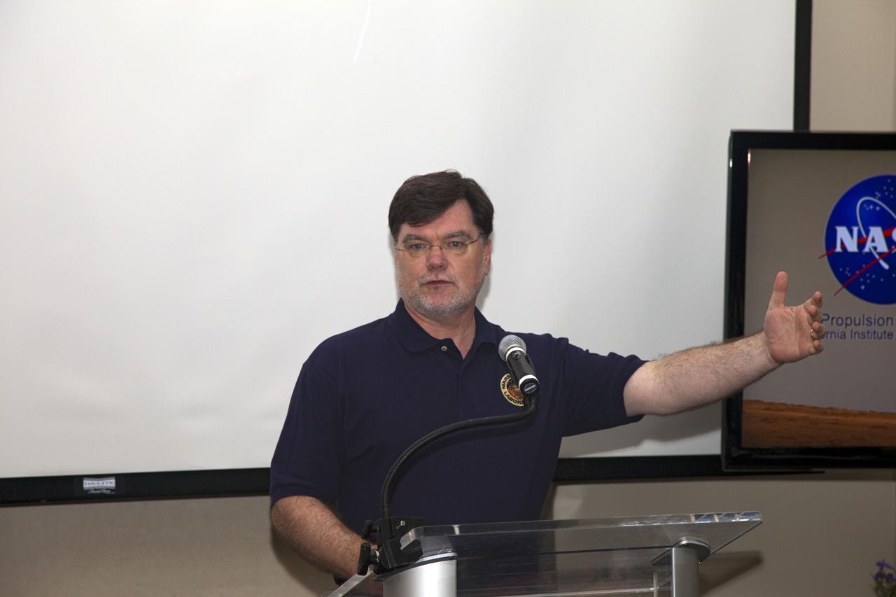 CAPE CANAVERAL, Fla. -- Jim Adams, NASA deputy chief technologist, speaks to about 45 of NASA’s social media followers for two days of presentations on the Kennedy's past, present and future.      The social media participants gathered at the Florida spaceport on Aug. 2 and 3, 2012 to hear from key former and current leaders who related stories of the space agency's efforts to explore the unknown. It was the first social media event totally run by Kennedy. Photo credit: NASA/ Gianni Woods