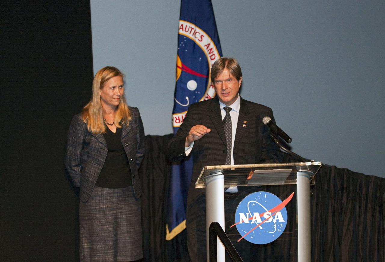 CAPE CANAVERAL, Fla. – Gary Martin, 2012 director of Space Studies Program for the International Space University, or ISU, introduces Kennedy Space Center Deputy Director Janet Petro during ISU closing ceremonies at the Kennedy Space center Visitor Complex on Aug. 3, 2012.      The International Space University is a nine-week intensive course designed for post-graduate university students and professionals during the summer. The program is hosted by a different country each year, providing a unique educational experience for participants from around the world. NASA Kennedy Space Center and the Florida Institute of Technology co-hosted this year's event which ran from June 4 to Aug. 3. There were about 125 participants representing 31 countries. For more information, visit http://www.isunet.edu Photo credit: NASA/Kim Shiflett