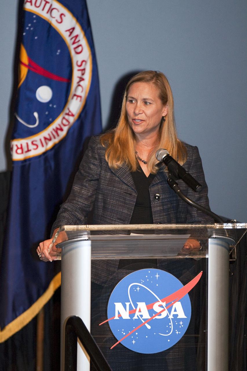 CAPE CANAVERAL, Fla. –Kennedy Space Center Deputy Director Janet Petro speaks to graduates and guests who gathered for the closing ceremonies for the International Space University at the Kennedy Space center Visitor Complex on Aug. 3, 2012.      The International Space University is a nine-week intensive course designed for post-graduate university students and professionals during the summer. The program is hosted by a different country each year, providing a unique educational experience for participants from around the world. NASA Kennedy Space Center and the Florida Institute of Technology co-hosted this year's event which ran from June 4 to Aug. 3. There were about 125 participants representing 31 countries. For more information, visit http://www.isunet.edu Photo credit: NASA/Kim Shiflett