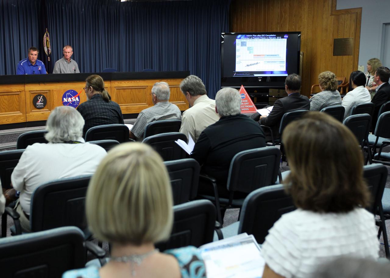 CAPE CANAVERAL, Fla. -- Ed Mango, program manager for NASA's Commercial Crew Program CCP, left, and Brent Jett, CCP's deputy program manager, host a forum for the commercial spaceflight industry to introduce the agency's plans for certifying commercially developed spacecraft and launch systems in support of crewed missions to the International Space Station around the middle of the decade. To learn more about CCP, visit www.nasa.gov/commercialcrew. Photo credit: NASA/Kim Shiflett