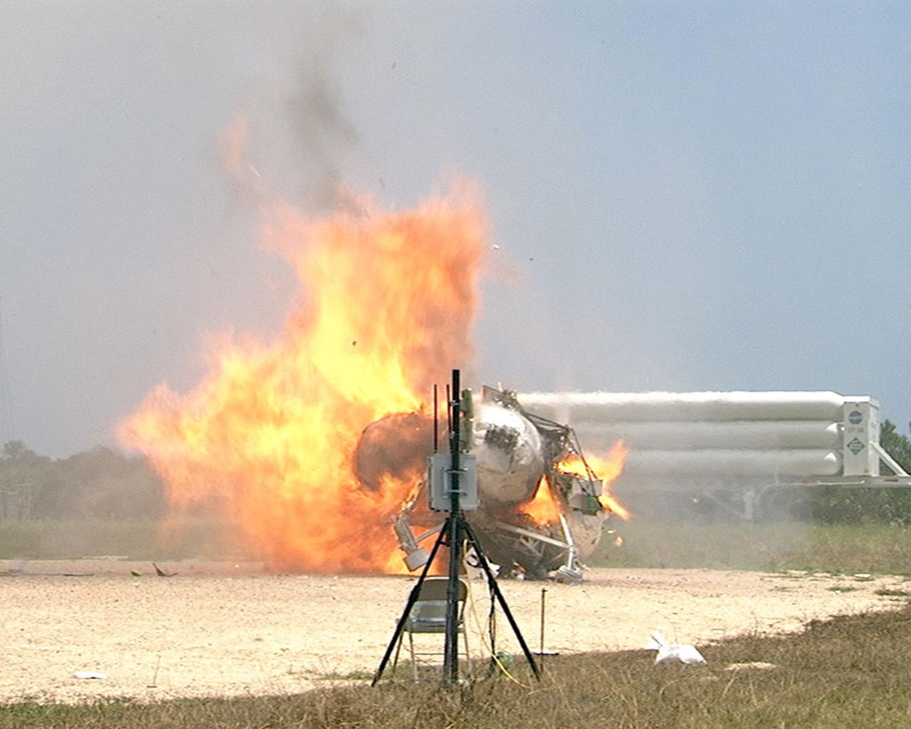 CAPE CANAVERAL, Fla. – During a free-flight test of the Project Morpheus vehicle at the Shuttle Landing Facility at NASA’s Kennedy Space Center in Florida, the vehicle lifted off the ground and then experienced a hardware component failure, which prevented it from maintaining stable flight. No one was injured and the resulting fire was extinguished by Kennedy fire personnel. Engineers are looking into the test data and the agency will release information as it becomes available. Failures such as these were anticipated prior to the test, and are part of the development process for any complex spaceflight hardware.    Testing of the prototype lander had been ongoing at NASA’s Johnson Space Center in Houston in preparation for its first free-flight test at Kennedy Space Center. Morpheus was manufactured and assembled at JSC and Armadillo Aerospace. Morpheus is large enough to carry 1,100 pounds of cargo to the moon – for example, a humanoid robot, a small rover, or a small laboratory to convert moon dust into oxygen. The primary focus of the test is to demonstrate an integrated propulsion and guidance, navigation and control system that can fly a lunar descent profile to exercise the Autonomous Landing and Hazard Avoidance Technology, or ALHAT, safe landing sensors and closed-loop flight control. For more information on Project Morpheus, visit http://morpheuslander.jsc.nasa.gov/. Photo credit: NASA