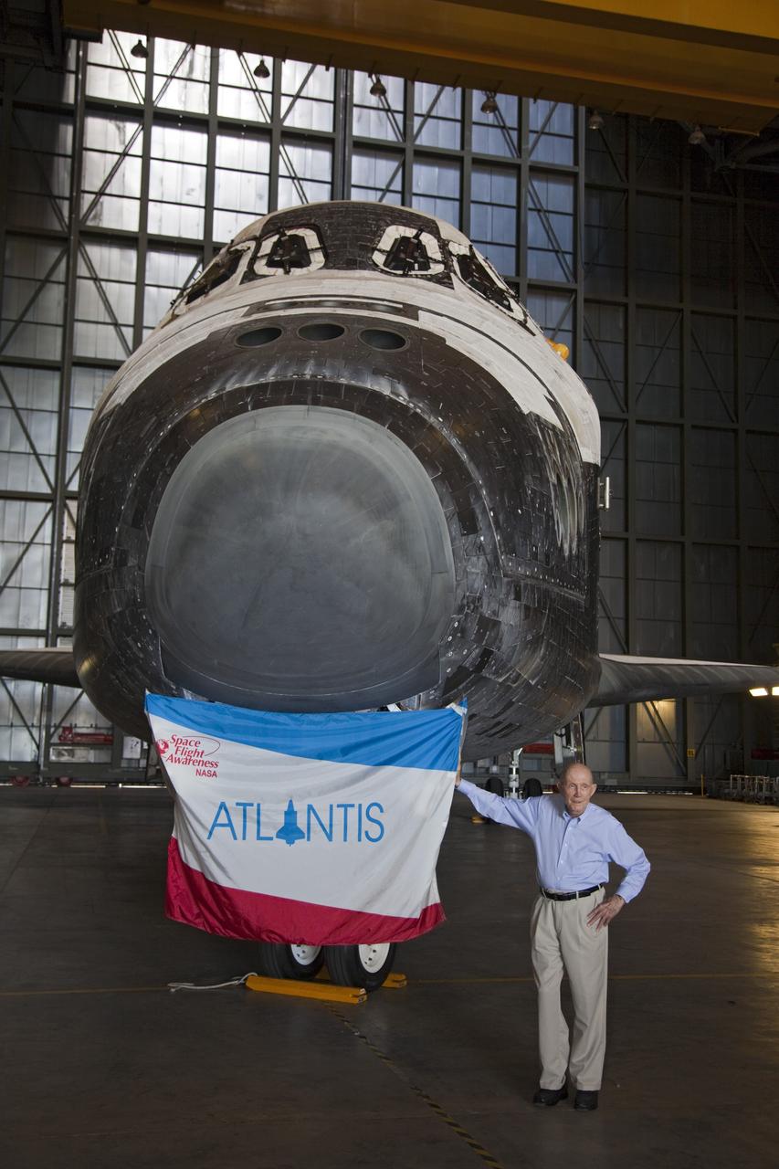 CAPE CANAVERAL, Fla. – Lt. Gen. Thomas P. Stafford, former astronaut and Air Force test pilot, stands near space shuttle Atlantis inside the Vehicle Assembly Building at NASA's Kennedy Space Center in Florida. Stafford flew two Gemini missions, commanded Apollo 10 and commanded the Apollo-Soyuz test mission during his NASA career. Photo credit: NASA/Frankie Martin