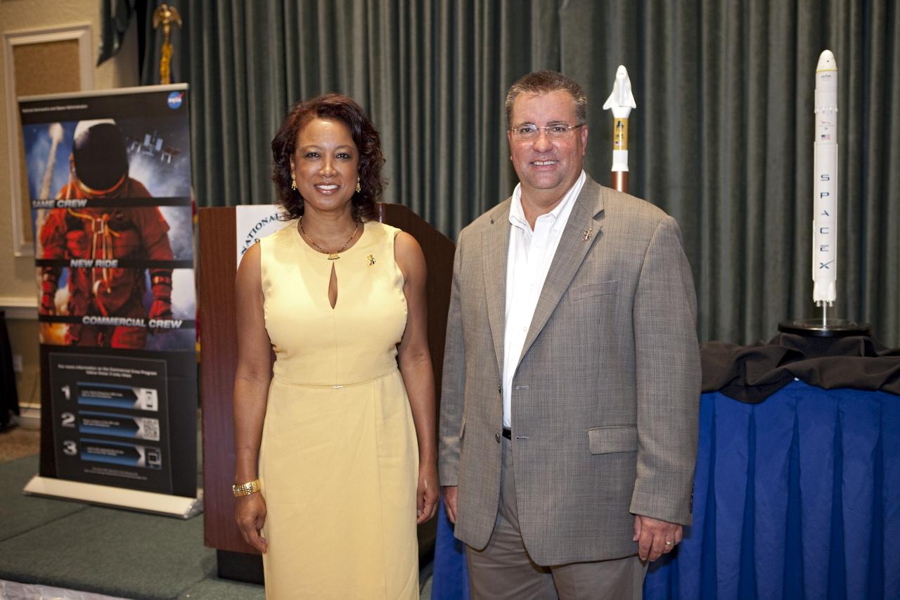 CAPE CANAVERAL, Fla. -- Florida's Lt. Gov. Jennifer Carroll, left, and NASA Commercial Crew Program Manager Ed Mango pose for a photo at the National Space Club Florida Committee's August luncheon at the Radisson Resort at the Port in Cape Canaveral, Fla. Mango was the event's guest speaker, discussing the innovative steps the agency is taking with industry partners to develop the next U.S. space transportation capability to and from low Earth orbit, which will eventually be available for use by the U.S. government and other commercial customers. To learn more about the Commercial Crew Program, visit www.nasa.gov/commercialcrew. Photo credit: Kim Shiflett