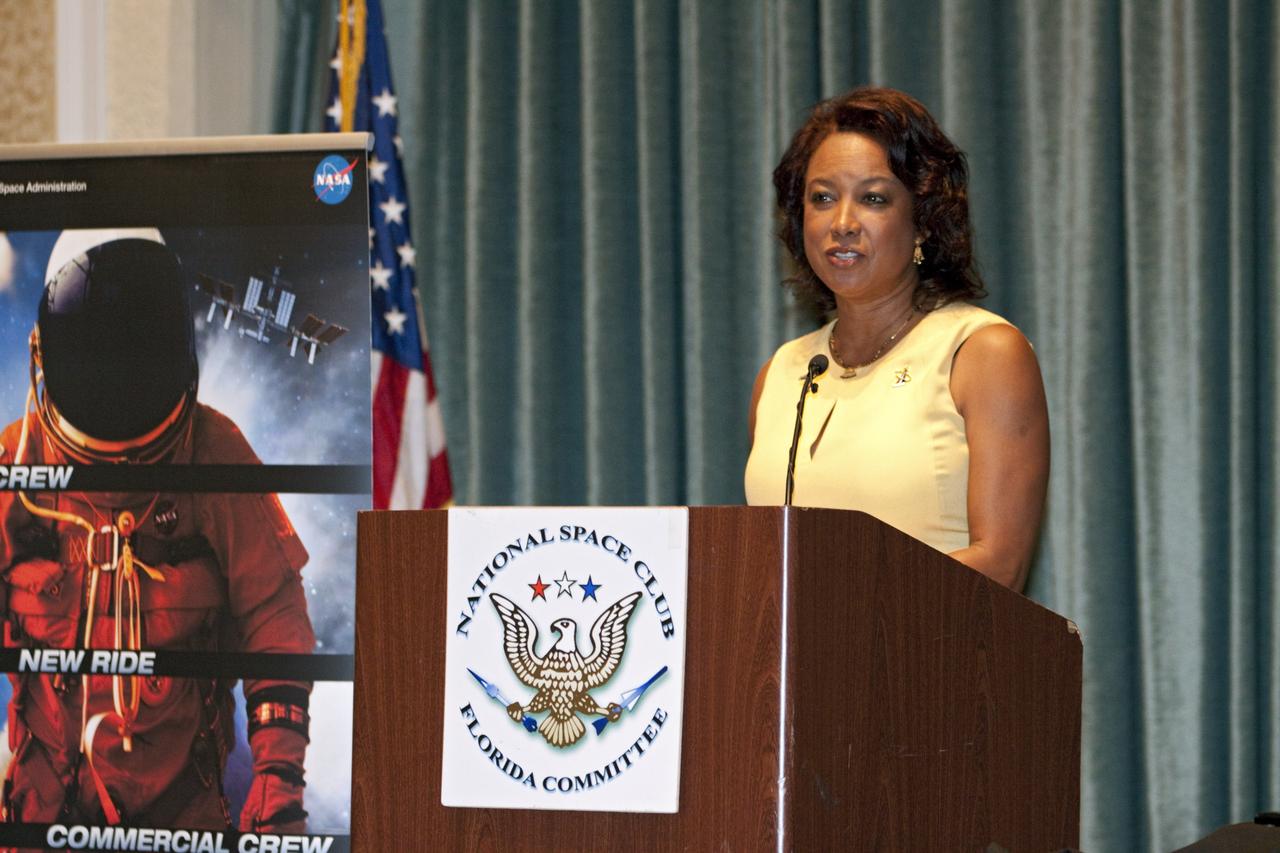 CAPE CANAVERAL, Fla. -- Florida's Lt. Gov. Jennifer Carroll talks about the positive impact the aerospace industry has on the state of Florida during the National Space Club Florida Committee's August luncheon at the Radisson Resort at the Port in Cape Canaveral, Fla. NASA Commercial Crew Program Manager Ed Mango also discussed the innovative steps the agency is taking with industry partners to develop the next U.S. space transportation capability to and from low Earth orbit, which will eventually be available for use by the U.S. government and other commercial customers. To learn more about the Commercial Crew Program, visit www.nasa.gov/commercialcrew. Photo credit: Kim Shiflett