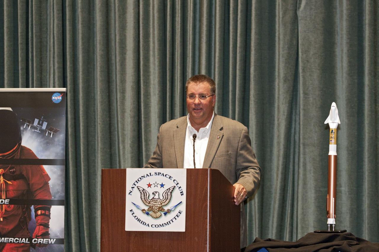 CAPE CANAVERAL, Fla. -- At the National Space Club Florida Committee's August luncheon at the Radisson Resort at the Port in Cape Canaveral, Fla., NASA Commercial Crew Program Manager Ed Mango discusses the innovative steps the agency is taking with industry partners to develop the next U.S. space transportation capability to and from low Earth orbit, which will eventually be available for use by the U.S. government and other commercial customers. To learn more about the Commercial Crew Program, visit www.nasa.gov/commercialcrew. Photo credit: Kim Shiflett