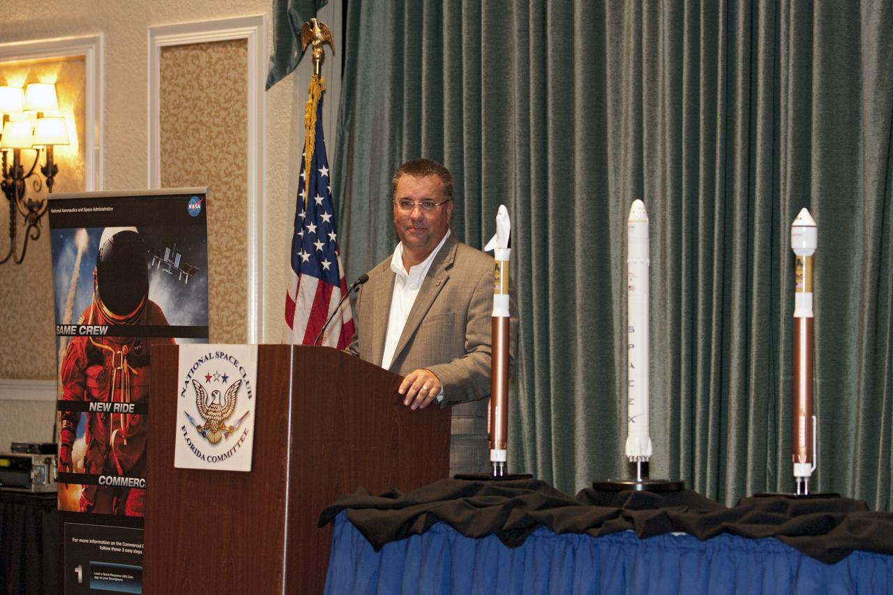 CAPE CANAVERAL, Fla. -- At the National Space Club Florida Committee's August luncheon at the Radisson Resort at the Port in Cape Canaveral, Fla., NASA Commercial Crew Program Manager Ed Mango discusses the innovative steps the agency is taking with industry partners to develop the next U.S. space transportation capability to and from low Earth orbit, which will eventually be available for use by the U.S. government and other commercial customers. To learn more about the Commercial Crew Program, visit www.nasa.gov/commercialcrew. Photo credit: Kim Shiflett