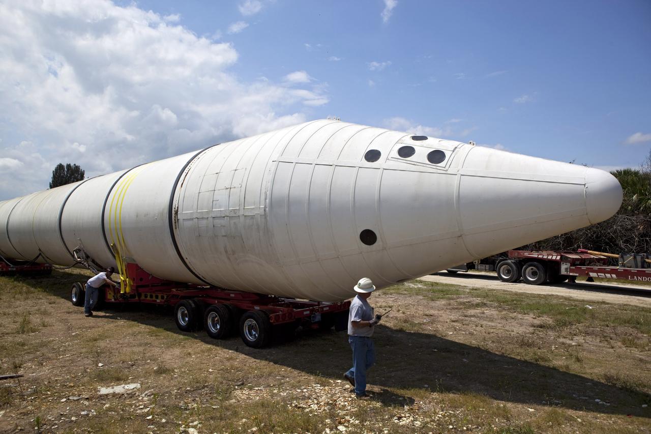 CAPE CANAVERAL, Fla. – At NASA’s Kennedy Space Center in Florida, a space shuttle solid rocket booster is being loaded on a truck for transport to California. The solid rocket boosters, or SRBs, will be displayed at the California Science Center in Los Angeles. The 149-foot SRBs together provided six million pounds of thrust. The work is part of Transition and Retirement of the space shuttle. For more information, visit http://www.nasa.gov/transition Photo credit: NASA/ Dimitri Gerondidakis