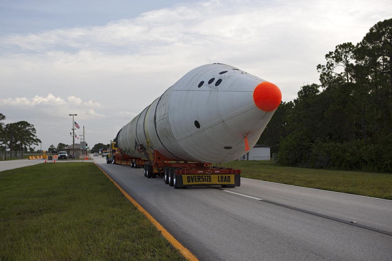 CAPE CANAVERAL, Fla. – At NASA’s Kennedy Space Center in Florida, a twin set of space shuttle solid rocket boosters are being transported by truck to California. The solid rocket boosters, or SRBs, will be displayed at the California Science Center in Los Angeles. The 149-foot SRBs together provided six million pounds of thrust. The work is part of Transition and Retirement of the space shuttle. For more information, visit http://www.nasa.gov/transition Photo credit: NASA/ Dimitri Gerondidakis