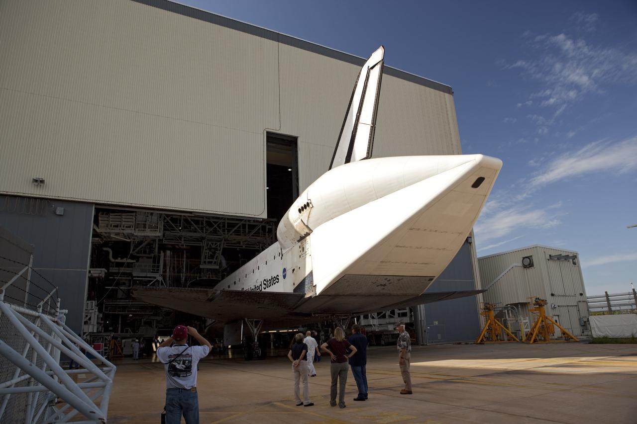 CAPE CANAVERAL, Fla. – With its aerodynamic tail cone in place, the space shuttle Endeavour backs out of Bay 2 of the Orbiter Processing Facility at the Kennedy Space Center in Florida. Endeavour will be moved to the Vehicle Assembly Building to undergo final preparations for its cross-country ferry flight targeted for mid-September. The work is part of Transition and Retirement of the remaining space shuttles, Endeavour and Atlantis. Endeavour is being prepared for public display at the California Science Center in Los Angeles. Endeavour was the last space shuttle added to NASA’s orbiter fleet. Over the course of its 19-year career, Endeavour spent 299 days in space during 25 missions. For more information, visit http://www.nasa.gov/transition. Photo credit: NASA/Dimitri Gerondidakis