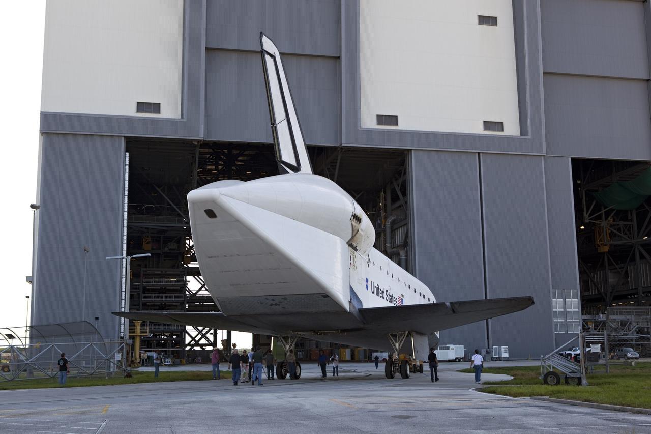 CAPE CANAVERAL, Fla. – The space shuttle Endeavour moves into the Vehicle Assembly Building VAB at the Kennedy Space Center in Florida. Endeavour moved from Bay 2 of the Orbiter Processing Facility to switch places with Atlantis which had been in the VAB. Endeavour will undergo final preparations for its cross-country ferry flight targeted for mid-September. The work is part of Transition and Retirement of the remaining space shuttles, Endeavour and Atlantis. Endeavour is being prepared for public display at the California Science Center in Los Angeles. Endeavour was the last space shuttle added to NASA’s orbiter fleet. Over the course of its 19-year career, Endeavour spent 299 days in space during 25 missions. For more information, visit http://www.nasa.gov/transition Photo credit: NASA/Dimitri Gerondidakis