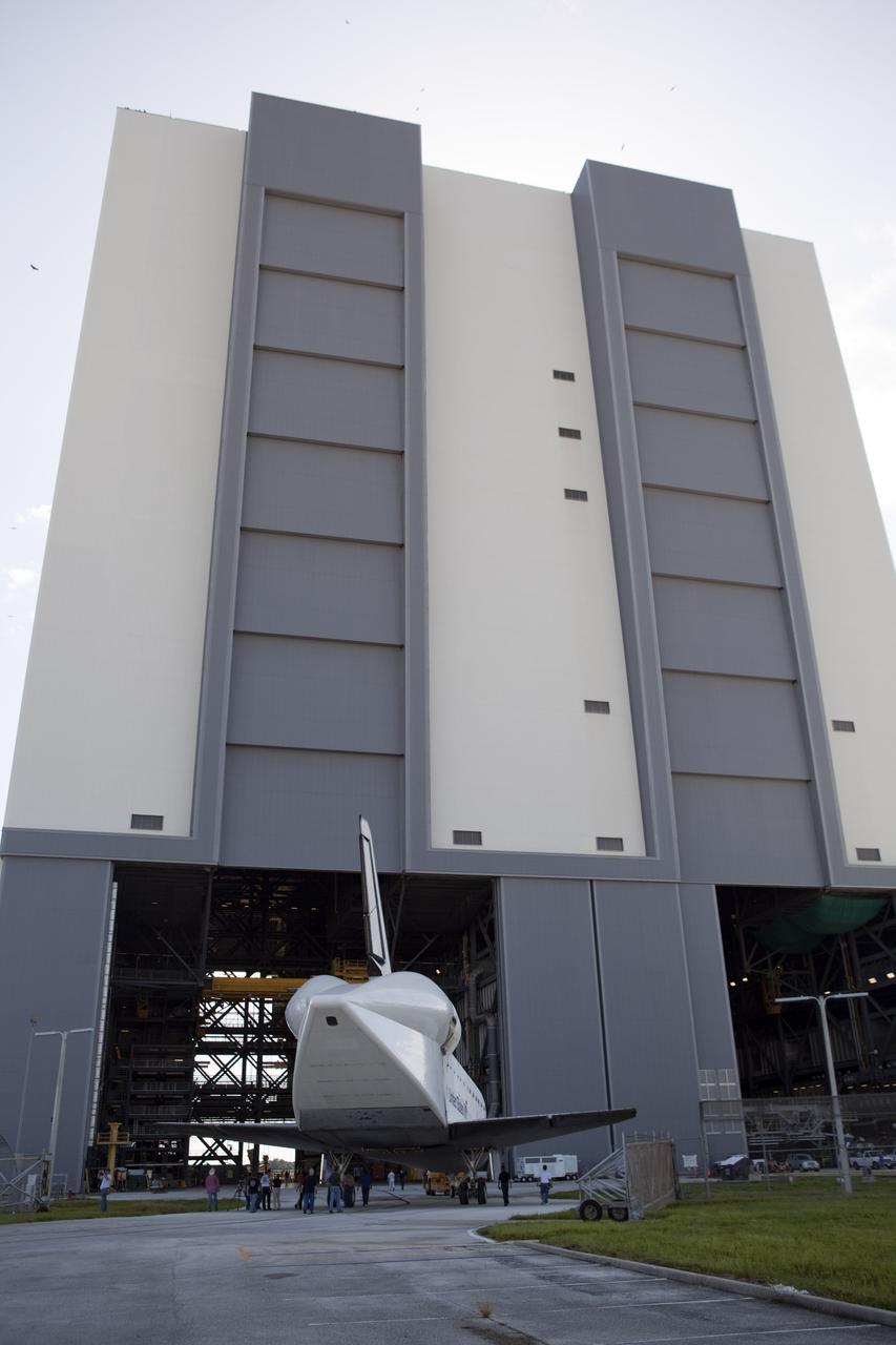 CAPE CANAVERAL, Fla. – The space shuttle Endeavour moves into the Vehicle Assembly Building, or VAB, at the Kennedy Space Center in Florida. Endeavour moved from Bay 2 of the Orbiter Processing Facility to switch places with Atlantis which had been in the VAB. Endeavour will undergo final preparations for its cross-country ferry flight targeted for mid-September. The work is part of Transition and Retirement of the remaining space shuttles, Endeavour and Atlantis. Endeavour is being prepared for public display at the California Science Center in Los Angeles. Endeavour was the last space shuttle added to NASA’s orbiter fleet. Over the course of its 19-year career, Endeavour spent 299 days in space during 25 missions. For more information, visit http://www.nasa.gov/transition Photo credit: NASA/Dimitri Gerondidakis