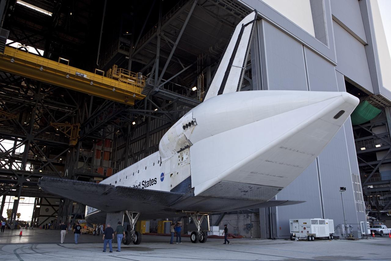 CAPE CANAVERAL, Fla. – The space shuttle Endeavour moves into the Vehicle Assembly Building, or VAB, at the Kennedy Space Center in Florida. Endeavour moved from Bay 2 of the Orbiter Processing Facility to switch places with Atlantis which had been in the VAB. Endeavour will undergo final preparations for its cross-country ferry flight targeted for mid-September. The work is part of Transition and Retirement of the remaining space shuttles, Endeavour and Atlantis. Endeavour is being prepared for public display at the California Science Center in Los Angeles. Endeavour was the last space shuttle added to NASA’s orbiter fleet. Over the course of its 19-year career, Endeavour spent 299 days in space during 25 missions. For more information, visit http://www.nasa.gov/transition Photo credit: NASA/Dimitri Gerondidakis