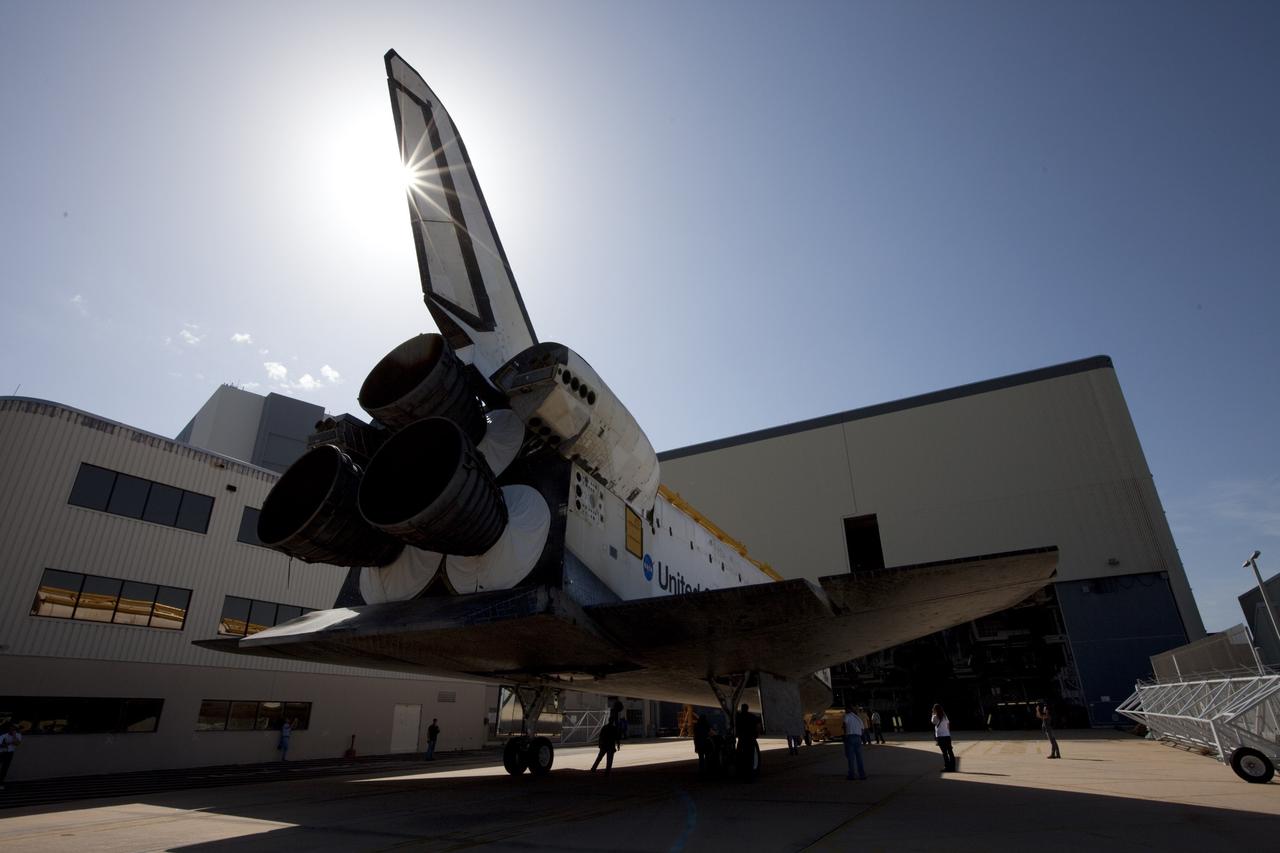 CAPE CANAVERAL, Fla. – The space shuttle Atlantis is towed into Bay 2 of the Orbiter Processing Facility OPF at NASA's Kennedy Space Center in Florida. Atlantis is switching places with Endeavour that moved into the Vehicle Assembly Building. In the OPF, Atlantis will undergo final preparations for its transfer to the Kennedy Space Center Visitor Complex targeted for November. The work is part of Transition and Retirement of the remaining space shuttles, Atlantis and Endeavour. Atlantis is being prepared for public display at Kennedy's Visitor Complex. Over the course of its 26-year career, Atlantis spent 293 days in space during 33 missions. For more information, visit http://www.nasa.gov/transition Photo credit: NASA/Kim Shiflett