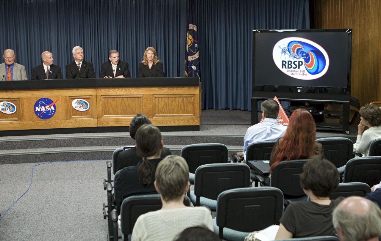 CAPE CANAVERAL, Fla. -- A prelaunch news conference is held at NASA Kennedy Space Center’s Press Site in Florida for the Radiation Belt Storm Probes, or RBSP, mission. From left are Michael Luther, deputy associate administrator for programs in NASA’s Science Mission Directorate, Tim Dunn, NASA launch director at Kennedy, Vernon Thorp, program manager, NASA missions, United Launch Alliance, Richard Fitzgerald, RBSP project manager at Johns Hopkins Applied Physics Laboratory in Laurel, Md., and Kathy Winters, launch weather officer with the 45th Weather Squadron at Cape Canaveral Air Force Station in Florida.    NASA’s RBSP mission will help us understand the sun’s influence on Earth and near-Earth space by studying the Earth’s radiation belts on various scales of space and time. RBSP will begin its mission of exploration of Earth’s Van Allen radiation belts and the extremes of space weather after its launch aboard an Atlas V rocket. Launch is targeted for Aug. 24. For more information, visit http://www.nasa.gov/rbsp. Photo credit: NASA/Glenn Benson