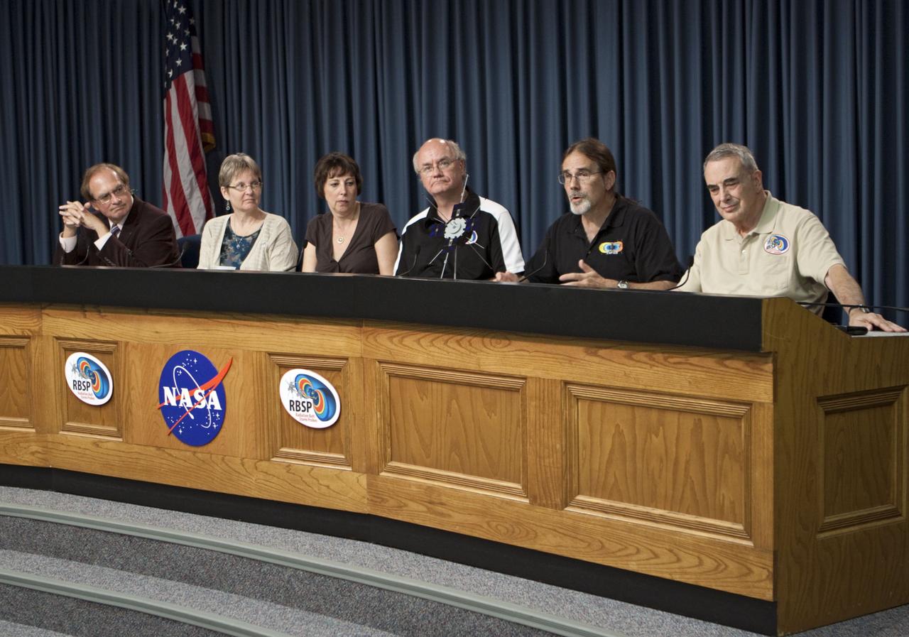 CAPE CANAVERAL, Fla. - A mission science briefing was held at NASA Kennedy Space Center’s Press Site in Florida for the Radiation Belt Storm Probes, or RBSP, mission. From left, are George Diller, public affairs specialist and news conference moderator, Mona Kessel, RBSP program scientist from NASA Headquarters in Washington,  Nicola Fox, RBSP deputy project scientist at Johns Hopkins Applied Physics Laboratory in Laurel, Md., Craig Kletzing, principal investigator from the University of Iowa, Harlan Spence, principal investigator from the University of New Hampshire, and Lou Lanzerotti, principal investigator from the New Jersey Institute of Technology.     NASA’s RBSP mission will help us understand the sun’s influence on Earth and near-Earth space by studying the Earth’s radiation belts on various scales of space and time. RBSP will begin its mission of exploration of Earth’s Van Allen radiation belts and the extremes of space weather after its launch aboard an Atlas V rocket. Launch is targeted for Aug. 24. For more information, visit http://www.nasa.gov/rbsp. Photo credit: NASA/Glenn Benson