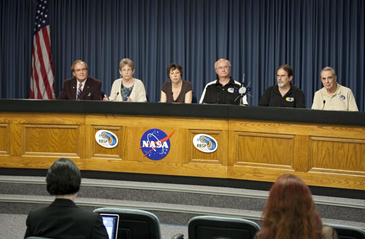 CAPE CANAVERAL, Fla. - A mission science briefing was held at NASA Kennedy Space Center’s Press Site in Florida for the Radiation Belt Storm Probes, or RBSP, mission. From left, are George Diller, public affairs specialist and news conference moderator, Mona Kessel, RBSP program scientist from NASA Headquarters in Washington, Nicola Fox, RBSP deputy project scientist at Johns Hopkins Applied Physics Laboratory in Laurel, Md., Craig Kletzing, principal investigator from the University of Iowa, Harlan Spence, principal investigator from the University of New Hampshire, and Lou Lanzerotti, principal investigator from the New Jersey Institute of Technology.     NASA’s RBSP mission will help us understand the sun’s influence on Earth and near-Earth space by studying the Earth’s radiation belts on various scales of space and time. RBSP will begin its mission of exploration of Earth’s Van Allen radiation belts and the extremes of space weather after its launch aboard an Atlas V rocket. Launch is targeted for Aug. 24. For more information, visit http://www.nasa.gov/rbsp. Photo credit: NASA/Glenn Benson