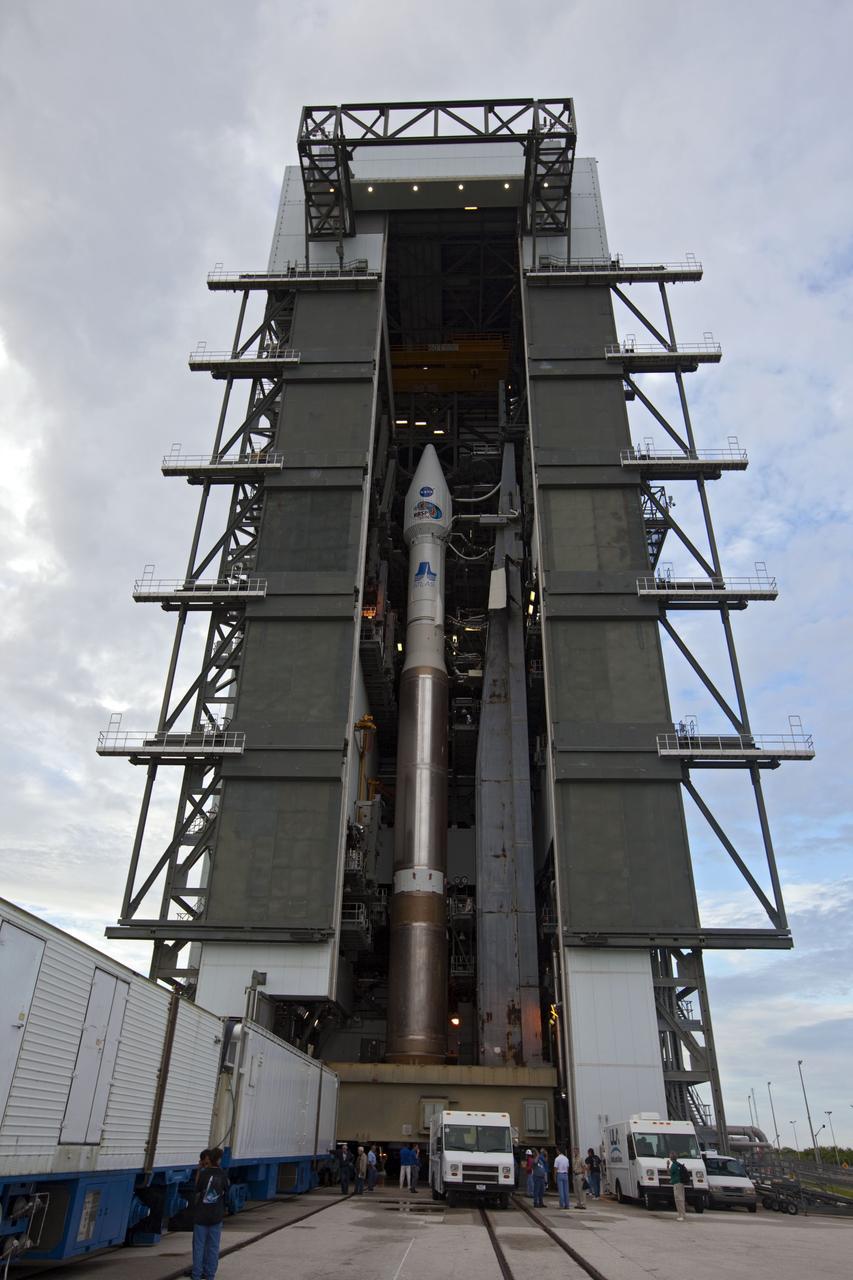 CAPE CANAVERAL, Fla. – The United Launch Alliance Atlas V rocket with the Radiation Belt Storm Probes, or RBSP, spacecraft aboard is readied for rollout to the launch pad at Space Launch Complex 41 at Cape Canaveral Air Force Station. NASA’s RBSP mission will help researchers understand the sun’s influence on Earth and near-Earth space by studying the Earth’s radiation belts on various scales of space and time. RBSP will begin its mission of exploration of Earth’s Van Allen radiation belts and the extremes of space weather after its launch aboard an Atlas V rocket. Launch is targeted for Aug. 24. Photo credit: NASA/Kim Shiflett