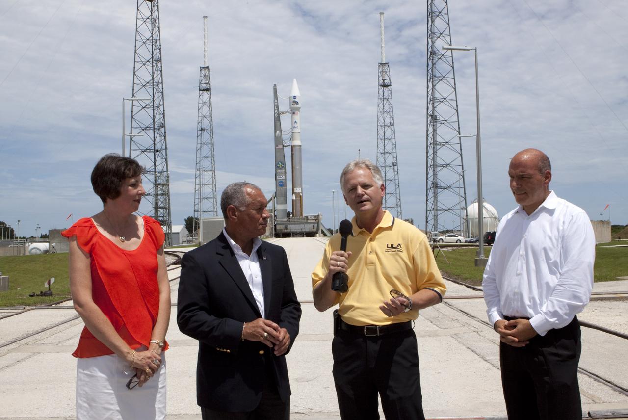 CAPE CANAVERAL, Fla. - United Launch Alliance, or ULA, Vice President of Mission Operations James Sponnick addresses news media at Space Launch Complex-41 at Cape Canaveral Air Force Station in Florida. At the pad, a ULA Atlas V rocket is being prepared for launch of the Radiation Belt Storm Probes, or RBSP, satellites. Speaking to members of the media are, from the left, Dr. Nicky Fox, deputy RBSP project scientist for the Applied Physics Laboratory at Johns Hopkins University, NASA Administrator Charles Bolden, Sponnick and NASA Chief Scientist Waleed Abdalati.      Bolden took a few dozen members of the news media on a tour of the space agency's Kennedy Space Center and adjacent Cape Canaveral Air Force Station on Aug. 23, 2012 to show the progress being made for future government and commercial space endeavors that will begin from Florida's Space Coast. For more information, visit: http://www.nasa.gov/centers/kennedy/news/kennedy-bolden-tour.html Photo credit: NASA/Kim Shiflett