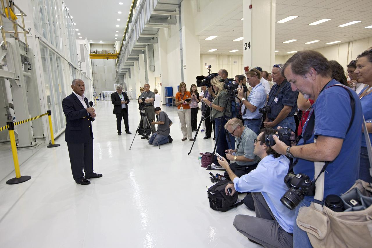 CAPE CANAVERAL, Fla. - NASA Administrator Charles Bolden addresses news media in the Operations and Checkout, or O& C, Building at the Kennedy Space Center in Florida. In the O&C, the Orion EFT-1 spacecraft is being prepared for the program's first flight. Bolden took a few dozen members of the news media on a tour of the space agency's Kennedy Space Center and adjacent Cape Canaveral Air Force Station on Aug. 23, 2012 to show the progress being made for future government and commercial space endeavors that will begin from Florida's Space Coast. For more information, visit: http://www.nasa.gov/centers/kennedy/news/kennedy-bolden-tour.html Photo credit: NASA/Kim Shiflett