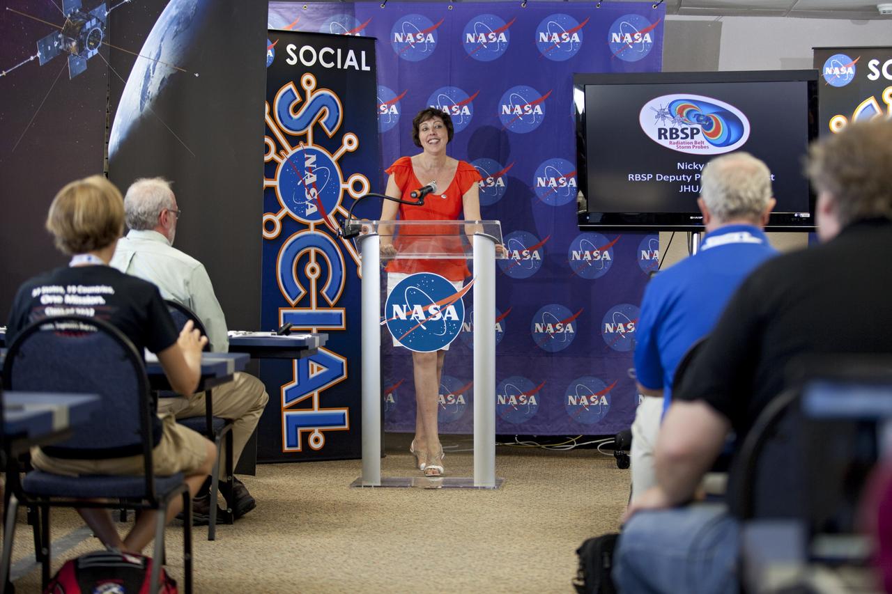 CAPE CANAVERAL, Fla. – At NASA's Kennedy Space Center in Florida, Nicky Fox, deputy project scientist of NASA's Radiation Belt Storm Probes, or RBSP, mission talks to agency social media followers during the second day of NASA Social activities. The probes are set to launch aboard a United Launch Alliance ULA Atlas V rocket from nearby Cape Canaveral Air Force Station. About 40 followers were selected to participate in RBSP's prelaunch and launch activities.      The RBSP mission will help us understand the sun’s influence on Earth and near-Earth space by studying the Earth’s radiation belts on various scales of space and time. RBSP will begin its mission of exploration of Earth’s Van Allen radiation belts and the extremes of space weather. For more information, visit http://www.nasa.gov/rbsp. Photo credit: NASA/Frankie Martin
