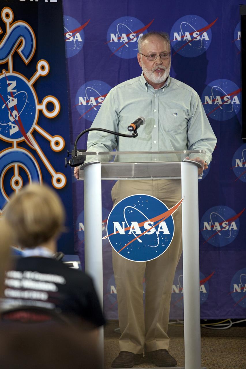CAPE CANAVERAL, Fla. – At NASA's Kennedy Space Center in Florida, Dave "Kouch" Kusnierkiewicz, Space Department chief engineer from Johns Hopkins University's Applied Physics Laboratory, talks to agency social media followers during the second day of NASA Social activities revolving around NASA's Radiation Belt Storm Probes, or RBSP, mission. The probes are set to launch aboard a United Launch Alliance, or ULA, Atlas V rocket from nearby Cape Canaveral Air Force Station. About 40 followers were selected to participate in RBSP's prelaunch and launch activities. The RBSP mission will help us understand the sun’s influence on Earth and near-Earth space by studying the Earth’s radiation belts on various scales of space and time. RBSP will begin its mission of exploration of Earth’s Van Allen radiation belts and the extremes of space weather. For more information, visit http://www.nasa.gov/rbsp. Photo credit: NASA/Frankie Martin