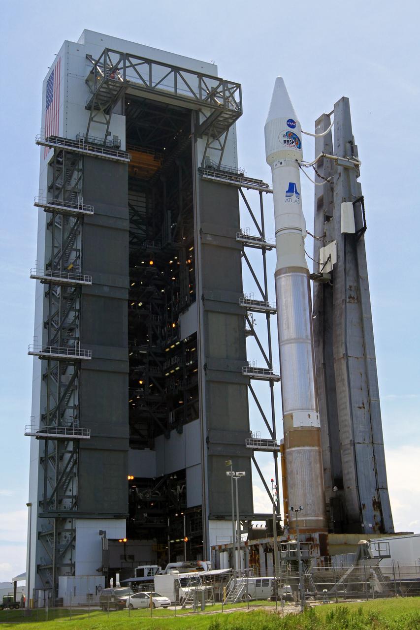 CAPE CANAVERAL, Fla. – At Cape Canaveral Air Force Station in Florida, the United Launch Alliance, or ULA, Atlas V rocket carrying NASA’s twin Radiation Belt Storm Probes, or RBSP, rolled out of the ULA Vertical Integration Facility at Space Launch Complex 41 at 1:59 p.m. EDT heading to the launch pad. The Atlas V rocket had been rolled back to the facility on August 26 to ensure the launch vehicle and RBSP spacecraft were secured and protected from inclement weather caused by Tropical Storm Isaac.    RBSP will explore changes in Earth's space environment caused by the sun -- known as "space weather" -- that can disable satellites, create power-grid failures and disrupt GPS service. The mission also will provide data on the fundamental radiation and particle acceleration processes throughout the universe. The launch is rescheduled for 4:05 a.m. EDT on Aug. 30. For more information on RBSP, visit http://www.nasa.gov/rbsp.  Photo credit: NASA/Kim Shiflett