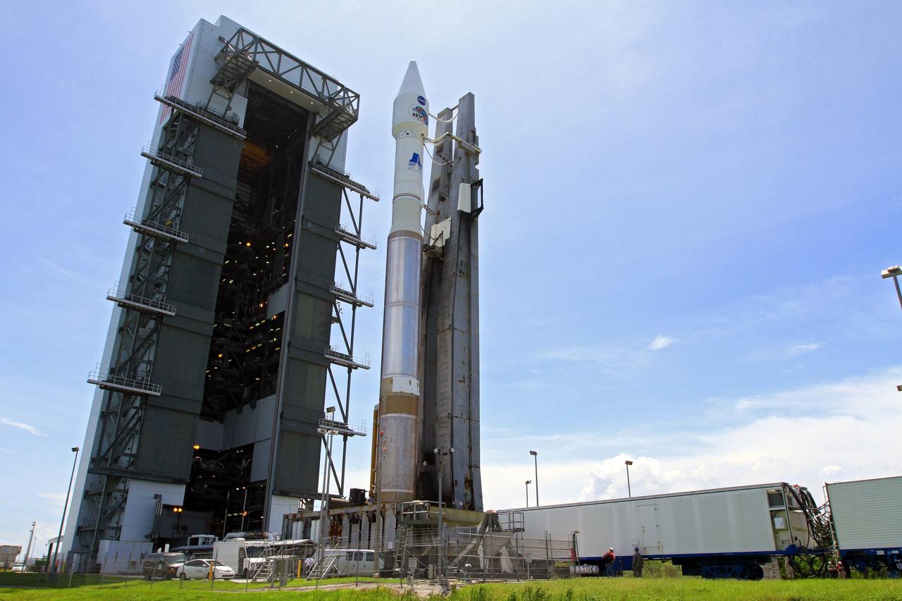 CAPE CANAVERAL, Fla. – At Cape Canaveral Air Force Station in Florida, the United Launch Alliance, or ULA, Atlas V rocket carrying NASA’s twin Radiation Belt Storm Probes, or RBSP, rolled out of the ULA Vertical Integration Facility at Space Launch Complex 41 at 1:59 p.m. EDT heading to the launch pad. The Atlas V rocket had been rolled back to the facility on August 26 to ensure the launch vehicle and RBSP spacecraft were secured and protected from inclement weather caused by Tropical Storm Isaac.     RBSP will explore changes in Earth's space environment caused by the sun -- known as "space weather" -- that can disable satellites, create power-grid failures and disrupt GPS service. The mission also will provide data on the fundamental radiation and particle acceleration processes throughout the universe. The launch is rescheduled for 4:05 a.m. EDT on Aug. 30, pending approval from the range.  For more information on RBSP, visit http://www.nasa.gov/rbsp.  Photo credit: NASA/Kim Shiflett