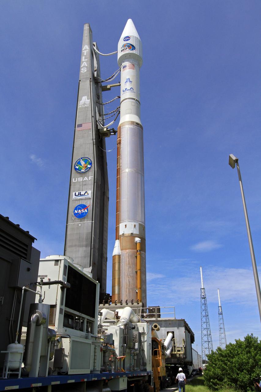 CAPE CANAVERAL, Fla. – At Cape Canaveral Air Force Station in Florida, the United Launch Alliance, or ULA, Atlas V rocket carrying NASA’s twin Radiation Belt Storm Probes, or RBSP, rolled out of the ULA Vertical Integration Facility at Space Launch Complex 41 at 1:59 p.m. EDT heading to the launch pad. The Atlas V rocket had been rolled back to the facility on August 26 to ensure the launch vehicle and RBSP spacecraft were secured and protected from inclement weather caused by Tropical Storm Isaac.    RBSP will explore changes in Earth's space environment caused by the sun -- known as "space weather" -- that can disable satellites, create power-grid failures and disrupt GPS service. The mission also will provide data on the fundamental radiation and particle acceleration processes throughout the universe. The launch is rescheduled for 4:05 a.m. EDT on Aug. 30. For more information on RBSP, visit http://www.nasa.gov/rbsp.  Photo credit: NASA/Kim Shiflett