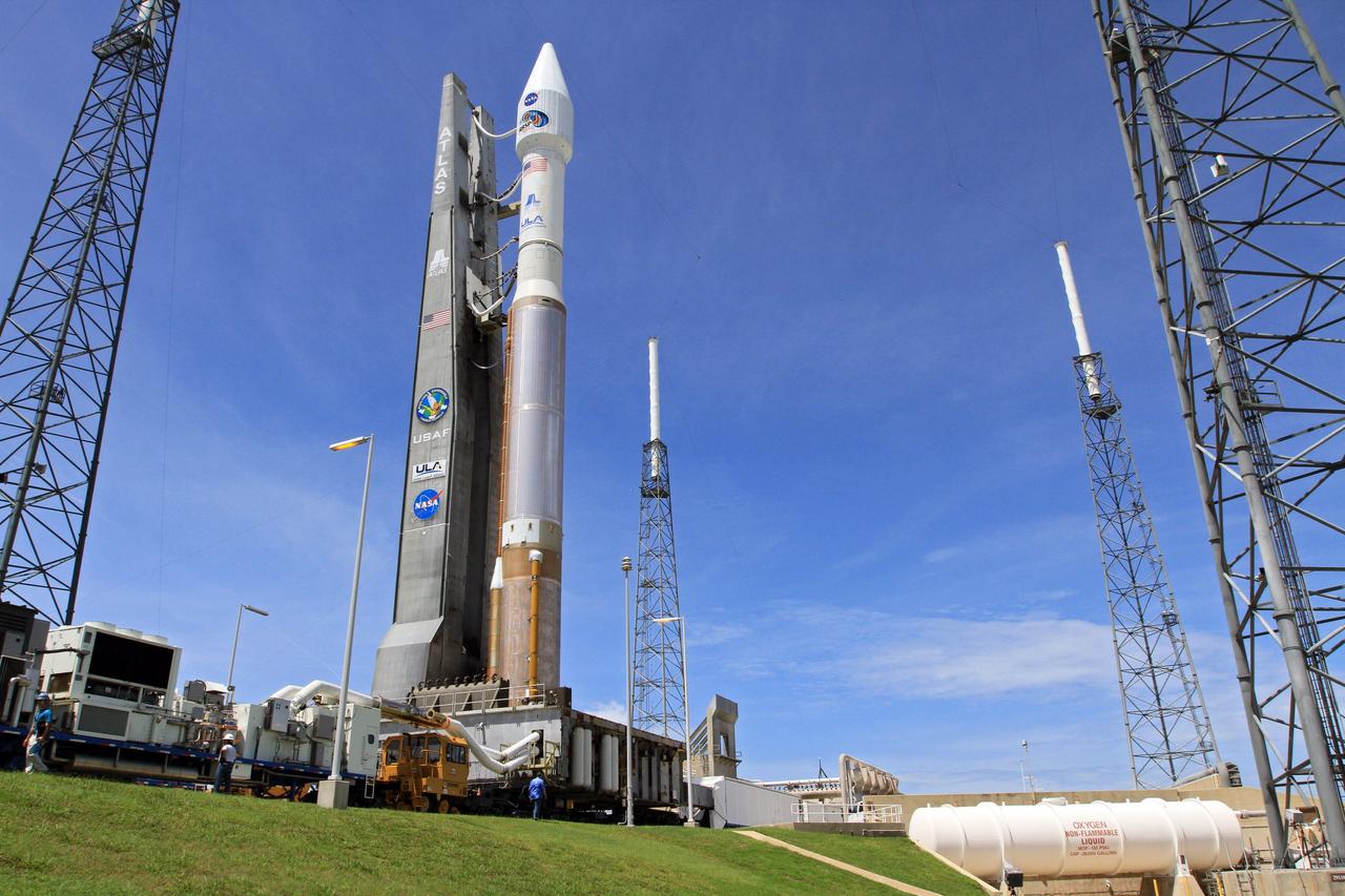 CAPE CANAVERAL, Fla. – At Cape Canaveral Air Force Station in Florida, the United Launch Alliance, or ULA, Atlas V rocket carrying NASA’s twin Radiation Belt Storm Probes, or RBSP, rolled out of the ULA Vertical Integration Facility at Space Launch Complex 41 at 1:59 p.m. EDT heading to the launch pad. The Atlas V rocket had been rolled back to the facility on August 26 to ensure the launch vehicle and RBSP spacecraft were secured and protected from inclement weather caused by Tropical Storm Isaac.     RBSP will explore changes in Earth's space environment caused by the sun -- known as "space weather" -- that can disable satellites, create power-grid failures and disrupt GPS service. The mission also will provide data on the fundamental radiation and particle acceleration processes throughout the universe. The launch is rescheduled for 4:05 a.m. EDT on Aug. 30, pending approval from the range.  For more information on RBSP, visit http://www.nasa.gov/rbsp.  Photo credit: NASA/Kim Shiflett
