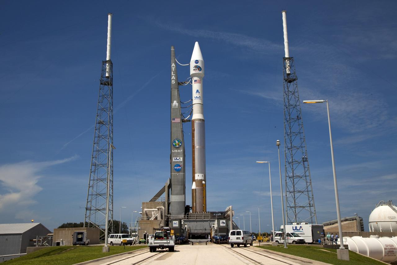 CAPE CANAVERAL, Fla. – At Cape Canaveral Air Force Station in Florida, the United Launch Alliance, or ULA, Atlas V rocket carrying NASA’s twin Radiation Belt Storm Probes, or RBSP, rolled out of the ULA Vertical Integration Facility at Space Launch Complex 41 at 1:59 p.m. EDT and has arrived at the launch pad. The Atlas V rocket had been rolled back to the facility on August 26 to ensure the launch vehicle and RBSP spacecraft were secured and protected from inclement weather caused by Tropical Storm Isaac.    RBSP will explore changes in Earth's space environment caused by the sun -- known as "space weather" -- that can disable satellites, create power-grid failures and disrupt GPS service. The mission also will provide data on the fundamental radiation and particle acceleration processes throughout the universe. The launch is rescheduled for 4:05 a.m. EDT on Aug. 30. For more information on RBSP, visit http://www.nasa.gov/rbsp.  Photo credit: NASA/Kim Shiflett