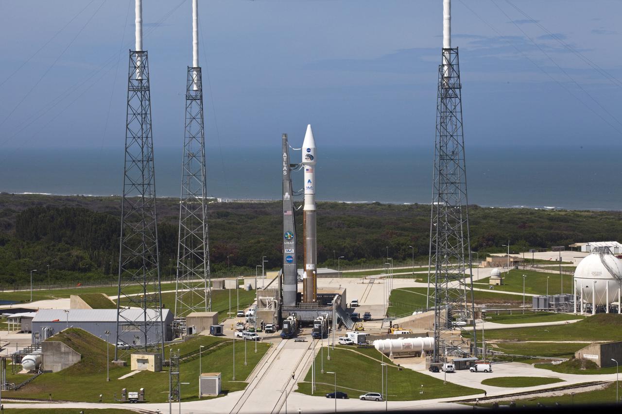 CAPE CANAVERAL, Fla. – At Cape Canaveral Air Force Station in Florida, the United Launch Alliance, or ULA, Atlas V rocket carrying NASA’s twin Radiation Belt Storm Probes, or RBSP, rolled out of the ULA Vertical Integration Facility at Space Launch Complex 41 at 1:59 p.m. EDT and was fully secured in position on the pad at 2:57 p.m. The Atlas V rocket had been rolled back to the facility on August 26 to ensure the launch vehicle and RBSP spacecraft were secured and protected from inclement weather caused by Tropical Storm Isaac.    RBSP will explore changes in Earth's space environment caused by the sun -- known as "space weather" -- that can disable satellites, create power-grid failures and disrupt GPS service. The mission also will provide data on the fundamental radiation and particle acceleration processes throughout the universe. The launch is rescheduled for 4:05 a.m. EDT on Aug. 30. For more information on RBSP, visit http://www.nasa.gov/rbsp.  Photo credit: NASA/Kim Shiflett