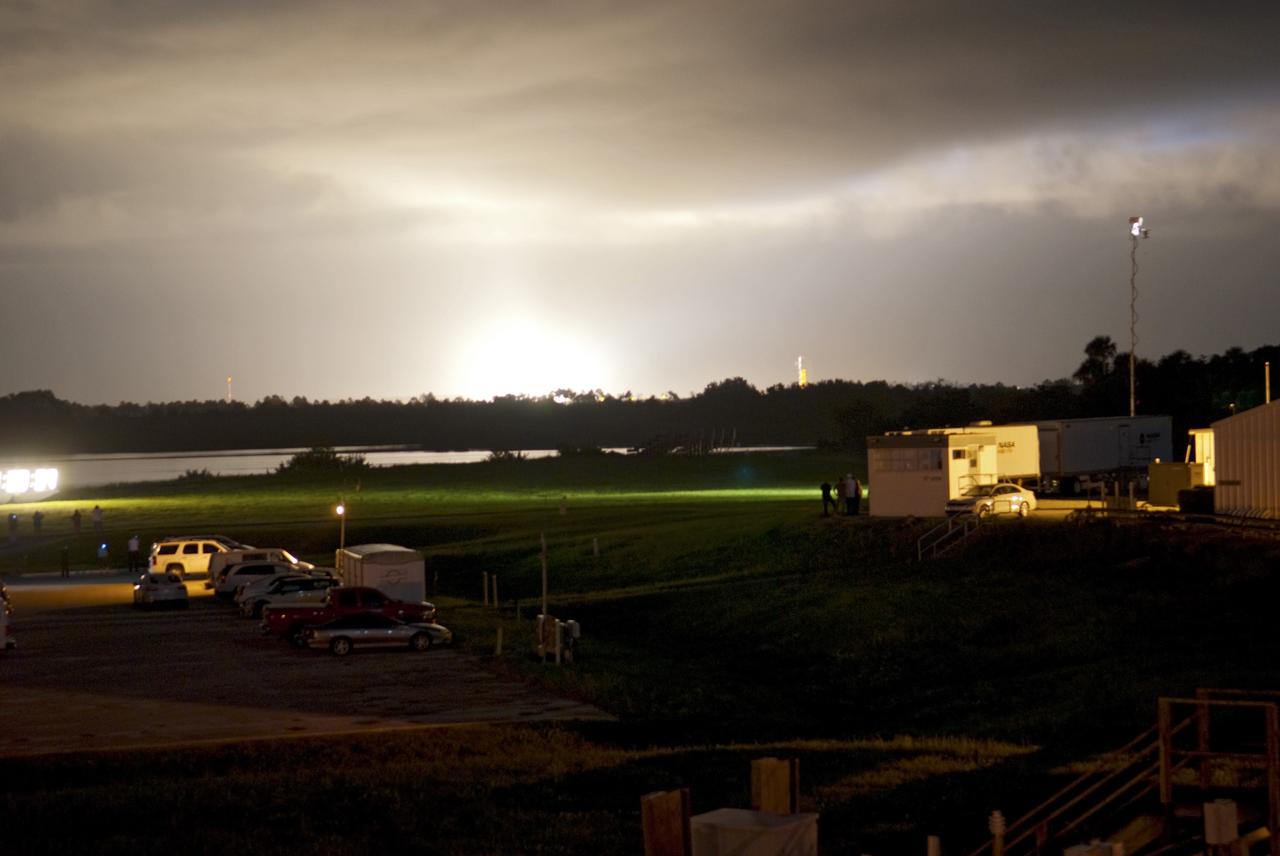CAPE CANAVERAL, Fla. – Liftoff of NASA's Radiation Belt Storm Probes, or RBSP, lights up the sky near the NASA Press Site at Kennedy Space Center in Florida. Launch was on time at 4:05 a.m. EDT from Space Launch Complex 41 on Cape Canaveral Air Force Station aboard a United Launch Alliance Atlas V rocket.     RBSP will explore changes in Earth's space environment caused by the sun -- known as "space weather" -- that can disable satellites, create power-grid failures and disrupt GPS service. The mission also will provide data on the fundamental radiation and particle acceleration processes throughout the universe.  For more information on RBSP, visit http://www.nasa.gov/rbsp.  Photo credit: NASA/David Lee