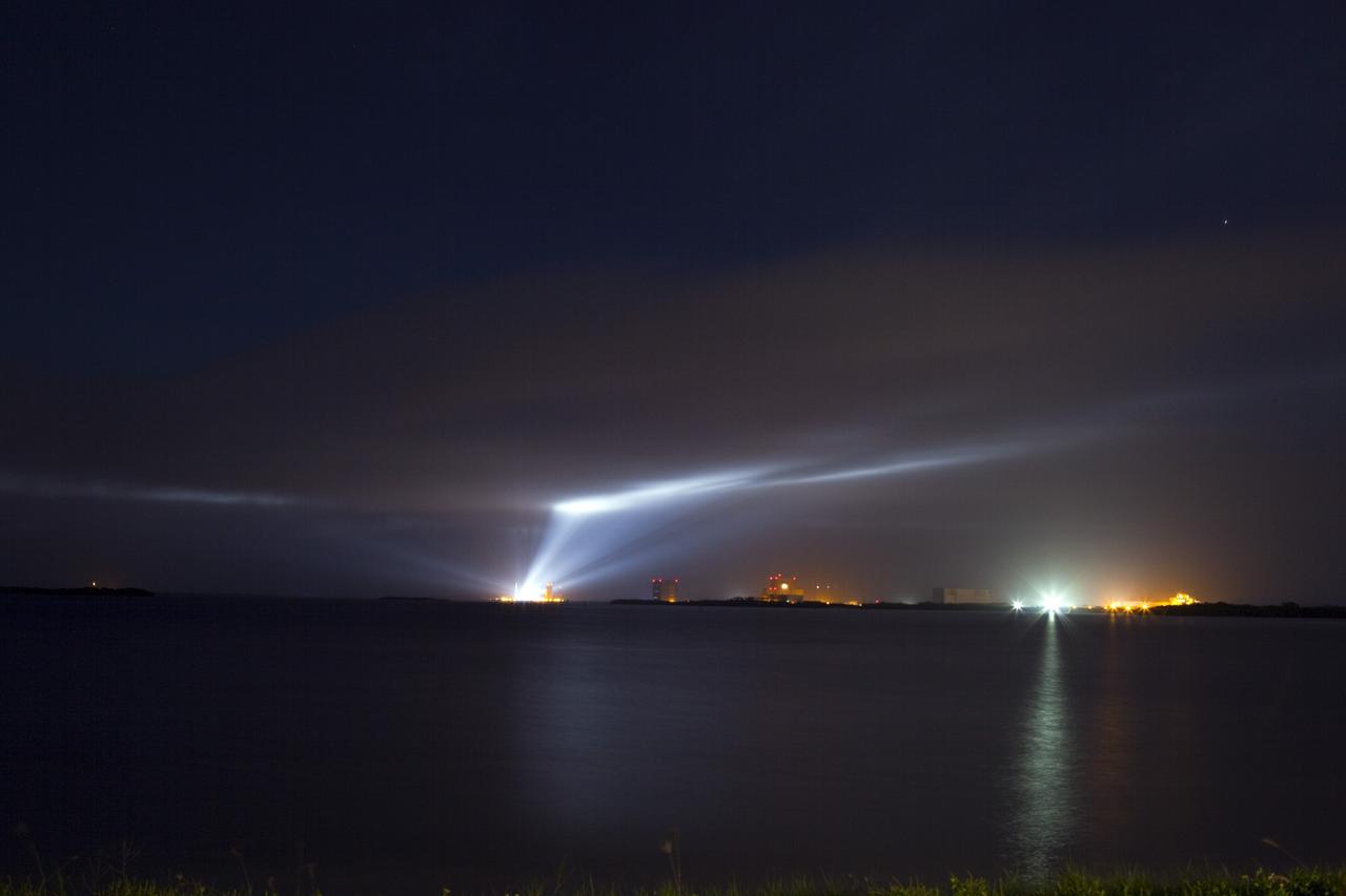 CAPE CANAVERAL, Fla. – Spotlights dance along the clouds over Space Launch Complex 41 on Cape Canaveral Air Force Station as NASA's Radiation Belt Storm Probes, or RBSP, lift off the pad at 4:05 a.m. EDT aboard a United Launch Alliance Atlas V rocket. RBSP will explore changes in Earth's space environment caused by the sun -- known as "space weather" -- that can disable satellites, create power-grid failures and disrupt GPS service. The mission also will provide data on the fundamental radiation and particle acceleration processes throughout the universe. For more information on RBSP, visit http://www.nasa.gov/rbsp. Photo credit: NASA/Ben Smegelsky and Gary Thompson