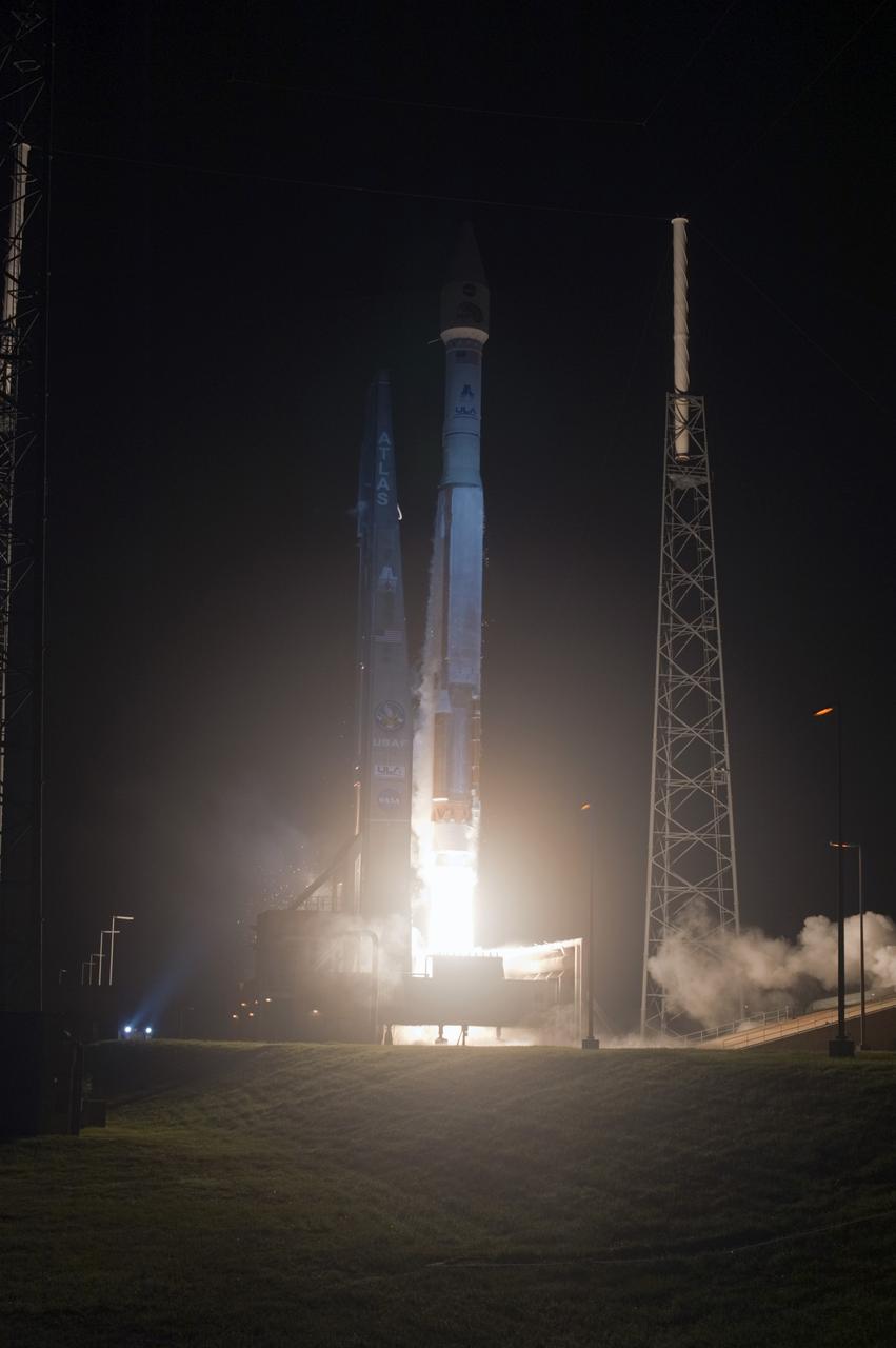 CAPE CANAVERAL, Fla. – Illuminated with a blue hue from bright xenon lights, the United Launch Alliance Atlas V rocket carrying NASA’s Radiation Belt Storm Probes, or RBSP, spacecraft lifts off Space Launch Complex 41 on Cape Canaveral Air Force Station in Florida at 4:05 a.m. EDT. RBSP will explore changes in Earth's space environment caused by the sun -- known as "space weather" -- that can disable satellites, create power-grid failures and disrupt GPS service. The mission also will provide data on the fundamental radiation and particle acceleration processes throughout the universe. For more information on RBSP, visit http://www.nasa.gov/rbsp. Photo credit: NASA/Tony Gray and Robert Murray
