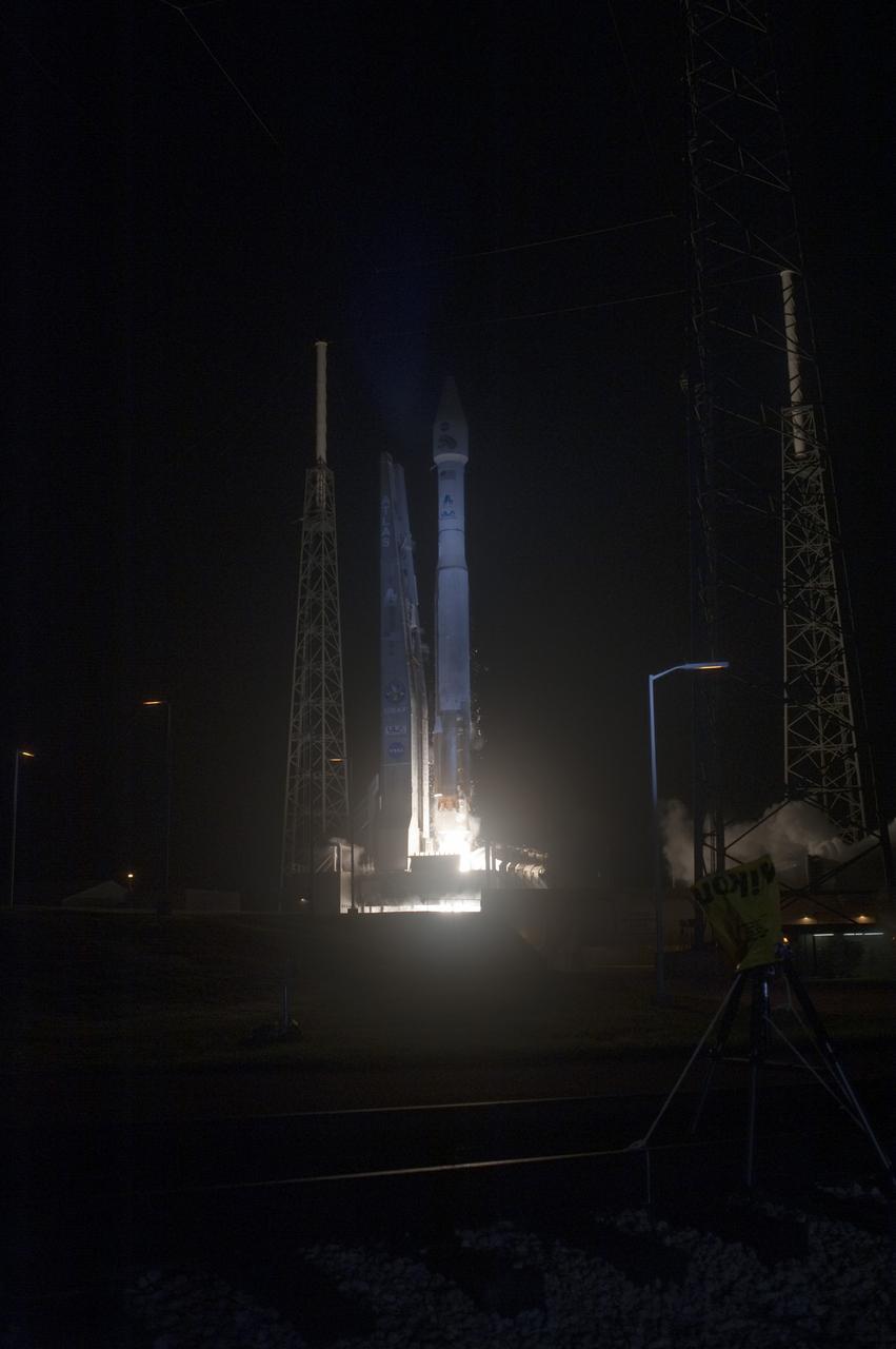 CAPE CANAVERAL, Fla. – Illuminated with a blue hue from bright xenon lights, the United Launch Alliance Atlas V rocket carrying NASA’s Radiation Belt Storm Probes, or RBSP, spacecraft begins to lift off Space Launch Complex 41 on Cape Canaveral Air Force Station in Florida at 4:05 a.m. EDT. RBSP will explore changes in Earth's space environment caused by the sun -- known as "space weather" -- that can disable satellites, create power-grid failures and disrupt GPS service. The mission also will provide data on the fundamental radiation and particle acceleration processes throughout the universe. For more information on RBSP, visit http://www.nasa.gov/rbsp. Photo credit: NASA/Tony Gray and Robert Murray