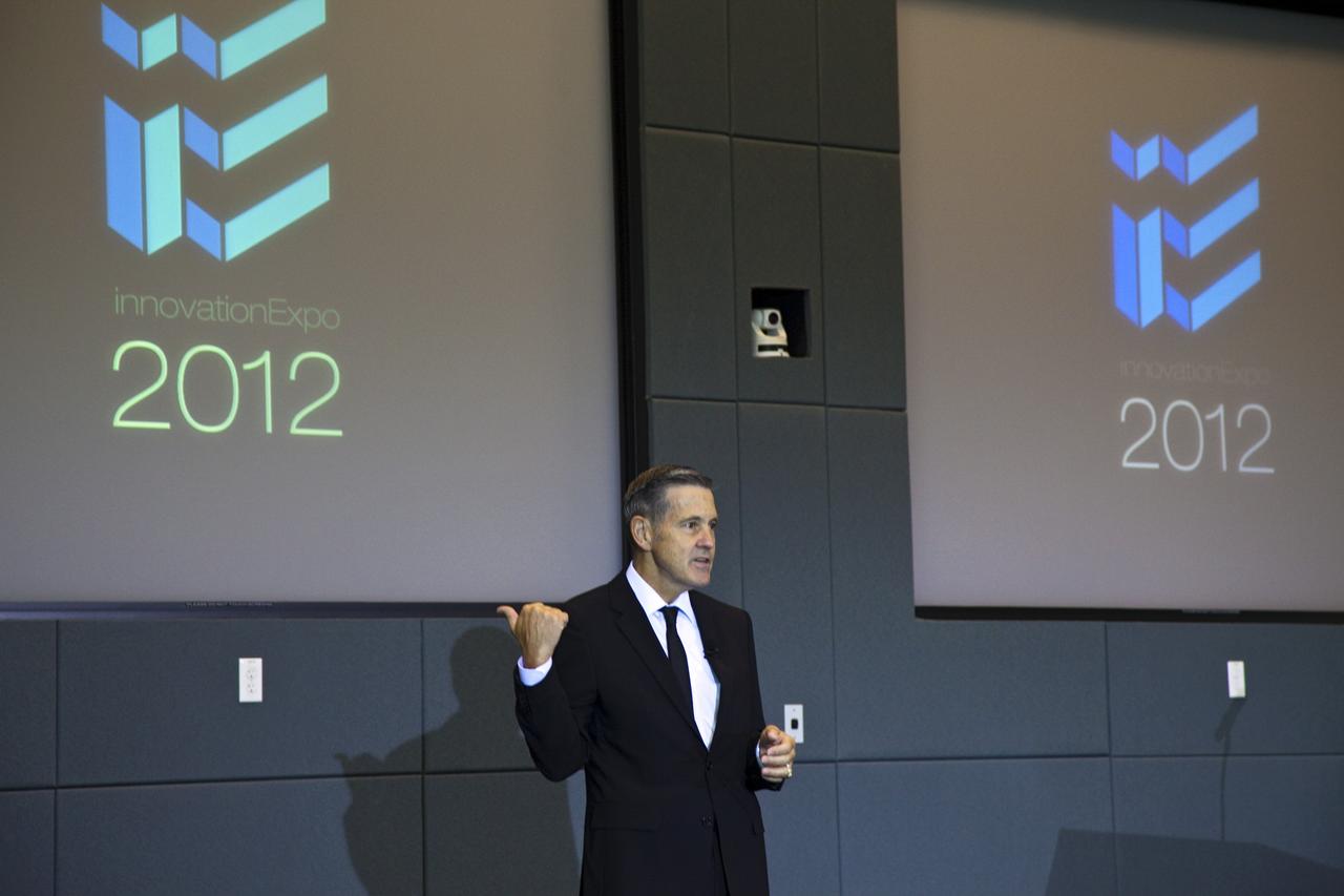 CAPE CANAVERAL, Fla. – Bob Cabana, director of NASA's Kennedy Space Center and a former astronaut, kicks off the center's Innovation Expo in the Operations Support Building II. The center-wide event gave researchers a chance to show some of their work to others at the center and gave employees the opportunity to see facilities they hadn't viewed before. Photo credit: Gianni Woods