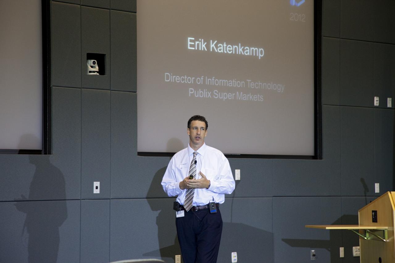 CAPE CANAVERAL, Fla. – Erik Katenkamp, director of Information Technology for Publix Super Markets, speaks during Kennedy Space Center's Innovation Expo in the Operations Support Building II. The center-wide event gave researchers a chance to show some of their work to others at the center and gave employees the opportunity to see facilities they hadn't viewed before. Photo credit: Gianni Woods