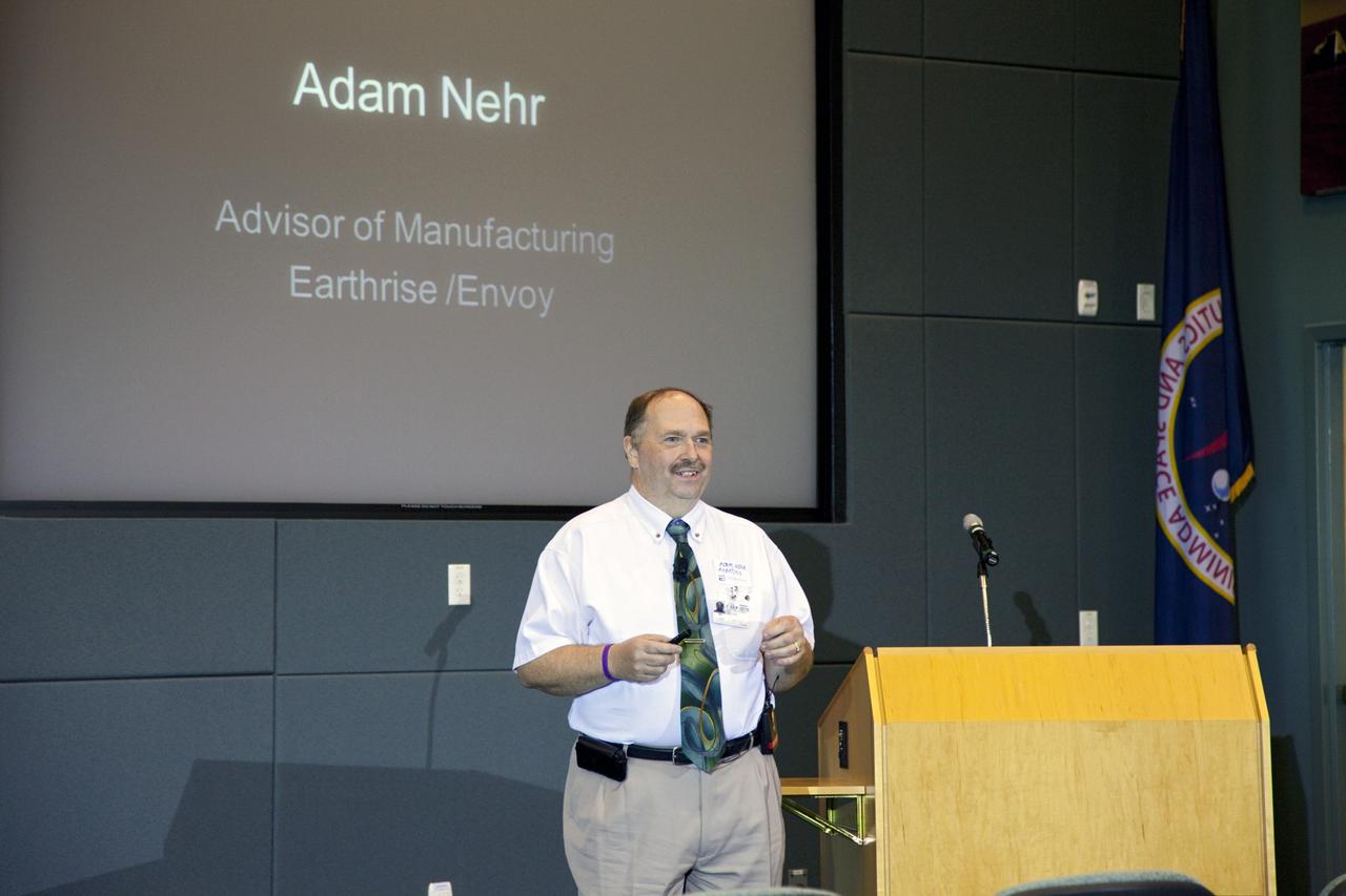 CAPE CANAVERAL, Fla. – Adam Nehr, advisor of Manufacturing for Earthrise/Envoy, speaks during the Kennedy Space Center's Innovation Expo in the Operations Support Building II. The center-wide event gave researchers a chance to show some of their work to others at the center and gave employees the opportunity to see facilities they hadn't viewed before. Photo credit: Gianni Woods