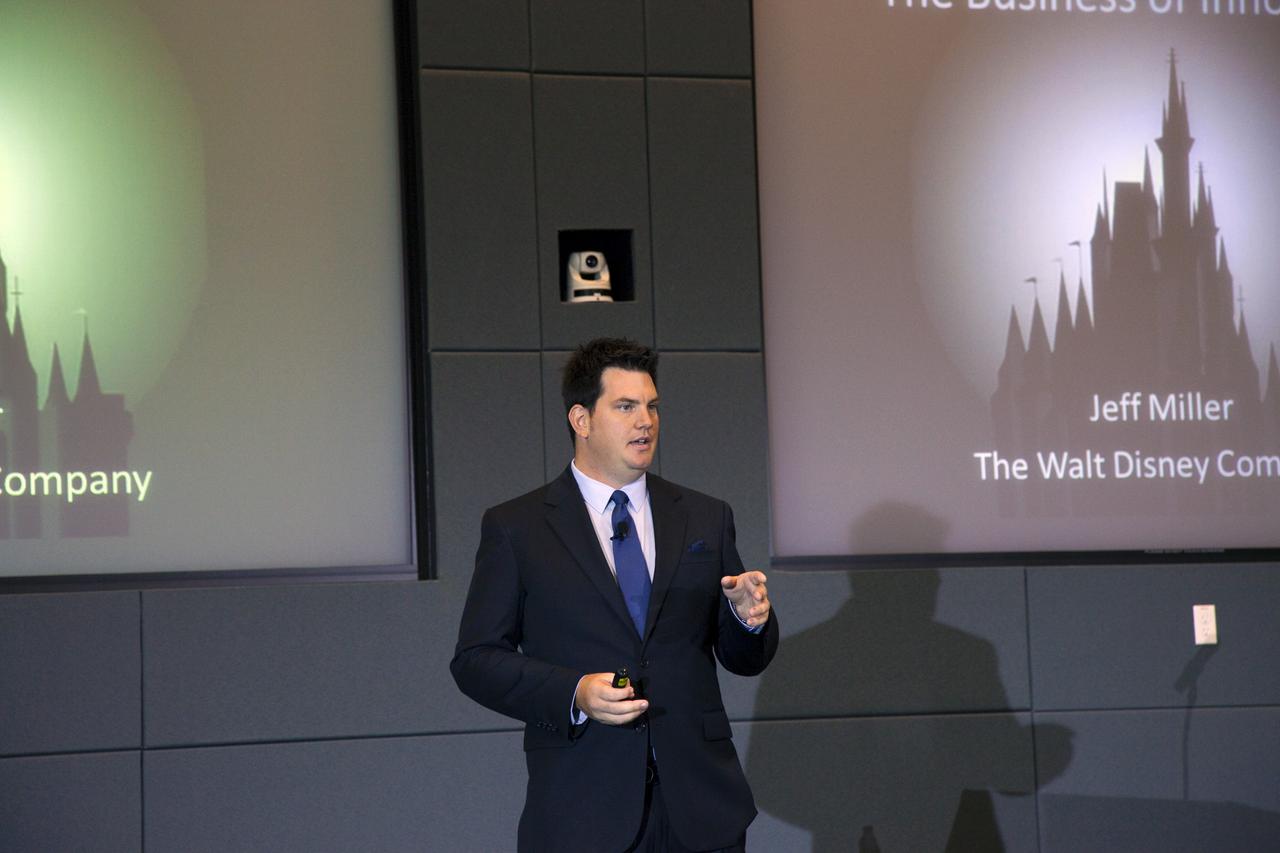 CAPE CANAVERAL, Fla. – Jeff Miller of the Walt Disney Company speaks during the Kennedy Space Center's Innovation Expo in the Operations Support Building II. The center-wide event gave researchers a chance to show some of their work to others at the center and gave employees the opportunity to see facilities they hadn't viewed before. Photo credit: Gianni Woods