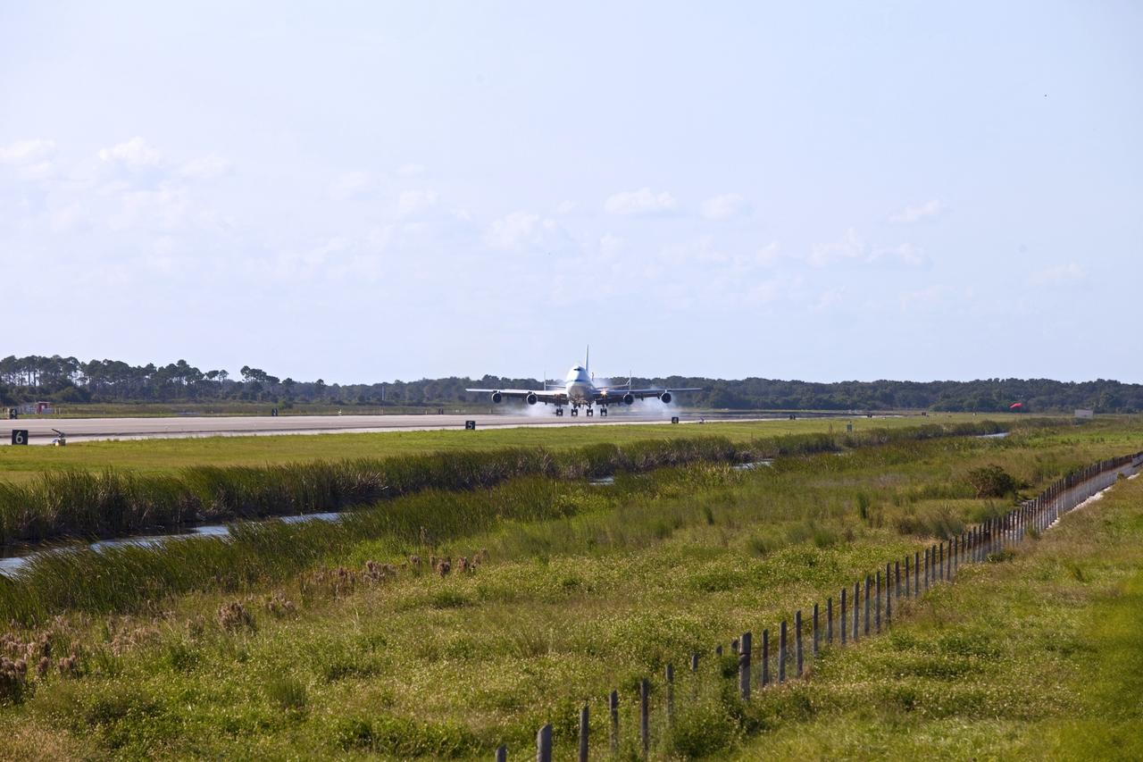 CAPE CANAVERAL, Fla. – The Shuttle Carrier Aircraft, or SCA, touched down at NASA Kennedy Space Center’s Shuttle Landing Facility in Florida at 5:05 p.m. EDT to prepare for shuttle Endeavour’s ferry flight to the Los Angeles International Airport on Sept. 17.    This SCA, designated NASA 905, is a modified Boeing 747 jet airliner, originally manufactured for commercial use. One of two SCAs employed over the course of the Space Shuttle Program, NASA 905 is assigned to the final ferry mission. Endeavour will be placed on permanent public display at the California Science Center in Los Angeles. For more information on the SCA, visit http://www.nasa.gov/centers/dryden/news/FactSheets/FS-013-DFRC.html. For more information on shuttle transition and retirement activities, visit http://www.nasa.gov/shuttle.  Photo credit: NASA/Frankie Martin