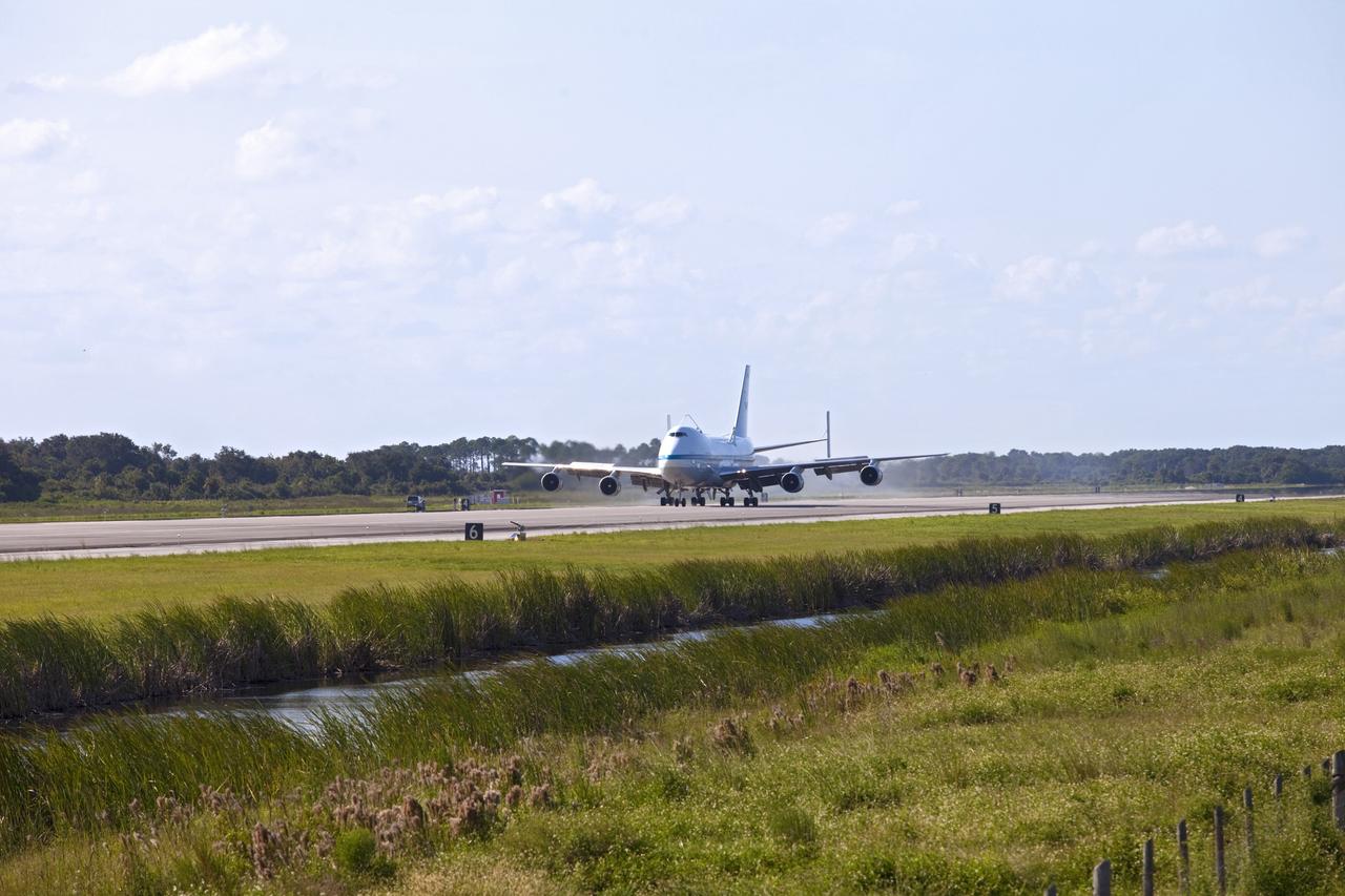 CAPE CANAVERAL, Fla. – The Shuttle Carrier Aircraft, or SCA, touched down at NASA Kennedy Space Center’s Shuttle Landing Facility in Florida at 5:05 p.m. EDT to prepare for shuttle Endeavour’s ferry flight to the Los Angeles International Airport on Sept. 17.    This SCA, designated NASA 905, is a modified Boeing 747 jet airliner, originally manufactured for commercial use. One of two SCAs employed over the course of the Space Shuttle Program, NASA 905 is assigned to the final ferry mission. Endeavour will be placed on permanent public display at the California Science Center in Los Angeles. For more information on the SCA, visit http://www.nasa.gov/centers/dryden/news/FactSheets/FS-013-DFRC.html. For more information on shuttle transition and retirement activities, visit http://www.nasa.gov/shuttle.  Photo credit: NASA/Frankie Martin