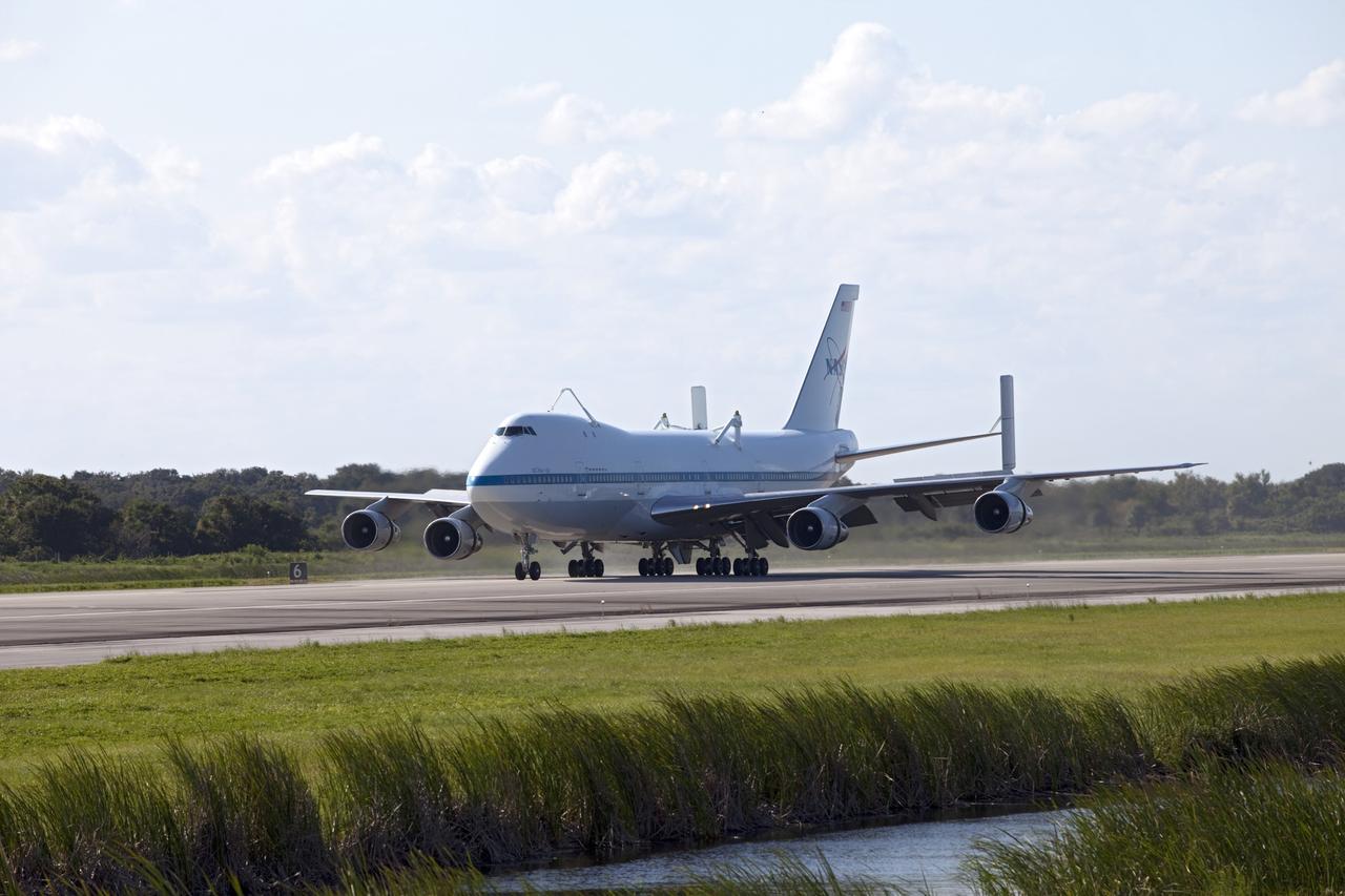 CAPE CANAVERAL, Fla. – The Shuttle Carrier Aircraft, or SCA, touched down at NASA Kennedy Space Center’s Shuttle Landing Facility in Florida at 5:05 p.m. EDT to prepare for shuttle Endeavour’s ferry flight to the Los Angeles International Airport on Sept. 17.    This SCA, designated NASA 905, is a modified Boeing 747 jet airliner, originally manufactured for commercial use. One of two SCAs employed over the course of the Space Shuttle Program, NASA 905 is assigned to the final ferry mission. Endeavour will be placed on permanent public display at the California Science Center in Los Angeles. For more information on the SCA, visit http://www.nasa.gov/centers/dryden/news/FactSheets/FS-013-DFRC.html. For more information on shuttle transition and retirement activities, visit http://www.nasa.gov/shuttle.  Photo credit: NASA/Frankie Martin