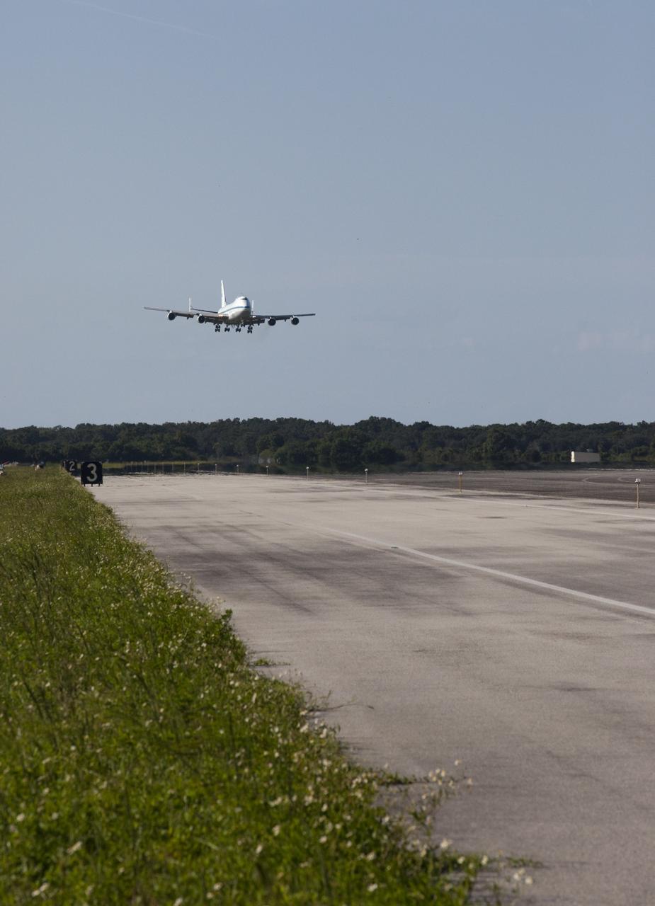 CAPE CANAVERAL, Fla. – The Shuttle Carrier Aircraft, or SCA, approaches the runway at NASA Kennedy Space Center’s Shuttle Landing Facility in Florida. The SCA touched down at 5:05 p.m. EDT to prepare for shuttle Endeavour’s ferry flight to the Los Angeles International Airport on Sept. 17. Photo credit: NASA/Kim Shiflett